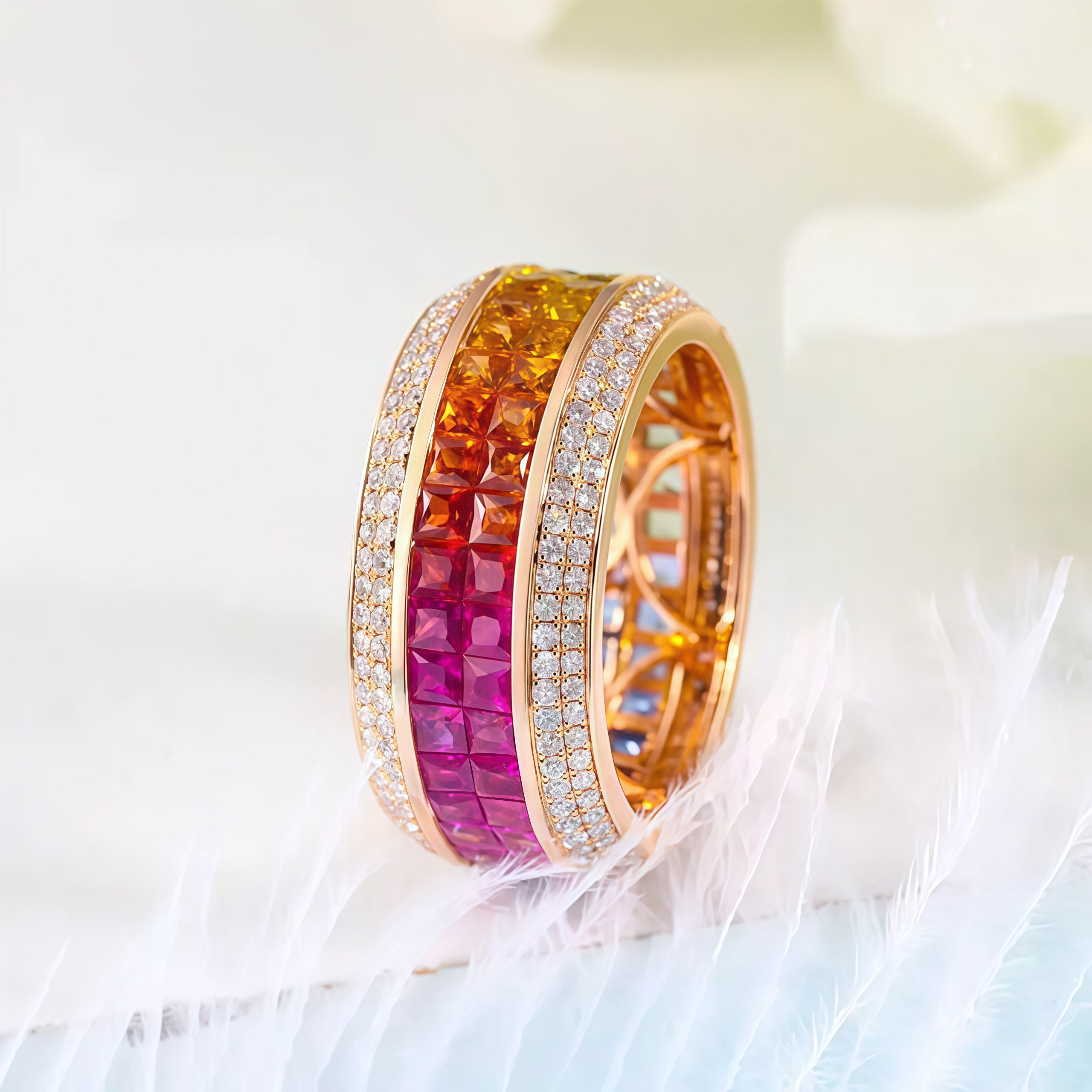 Natural Sapphire Rainbow Band Invisible-Setting with Diamonds in 18K Gold