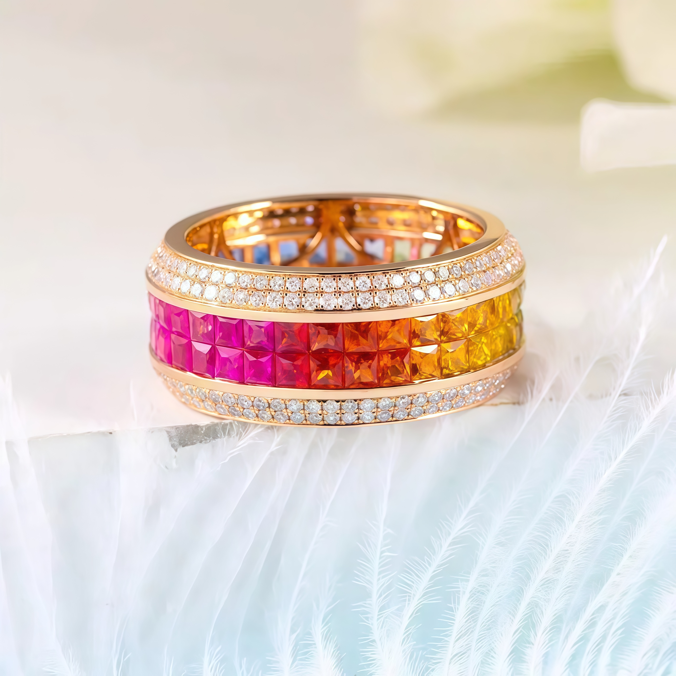 Natural Sapphire Rainbow Band Invisible-Setting with Diamonds in 18K Gold