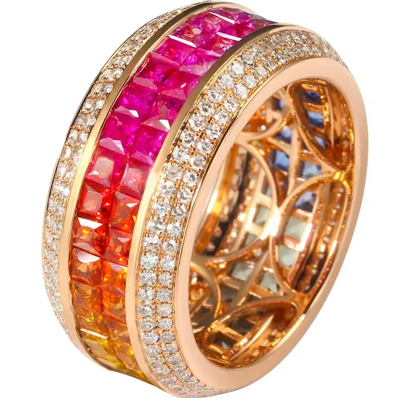 Natural Sapphire Rainbow Band Invisible-Setting with Diamonds in 18K Gold