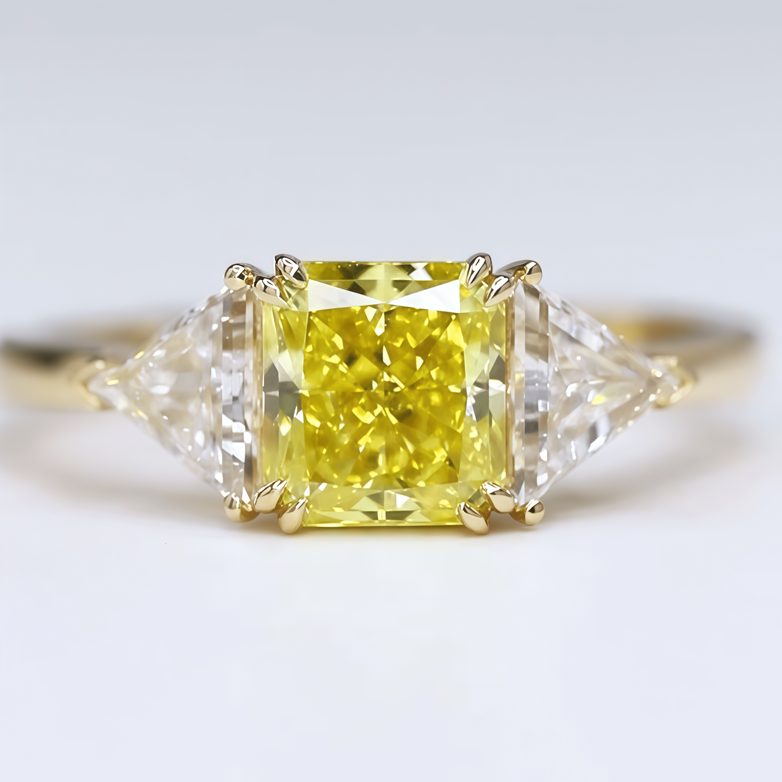 1.7 Carat Princess Cut Yellow Lab Diamond Three-Stone Ring 18K Gold