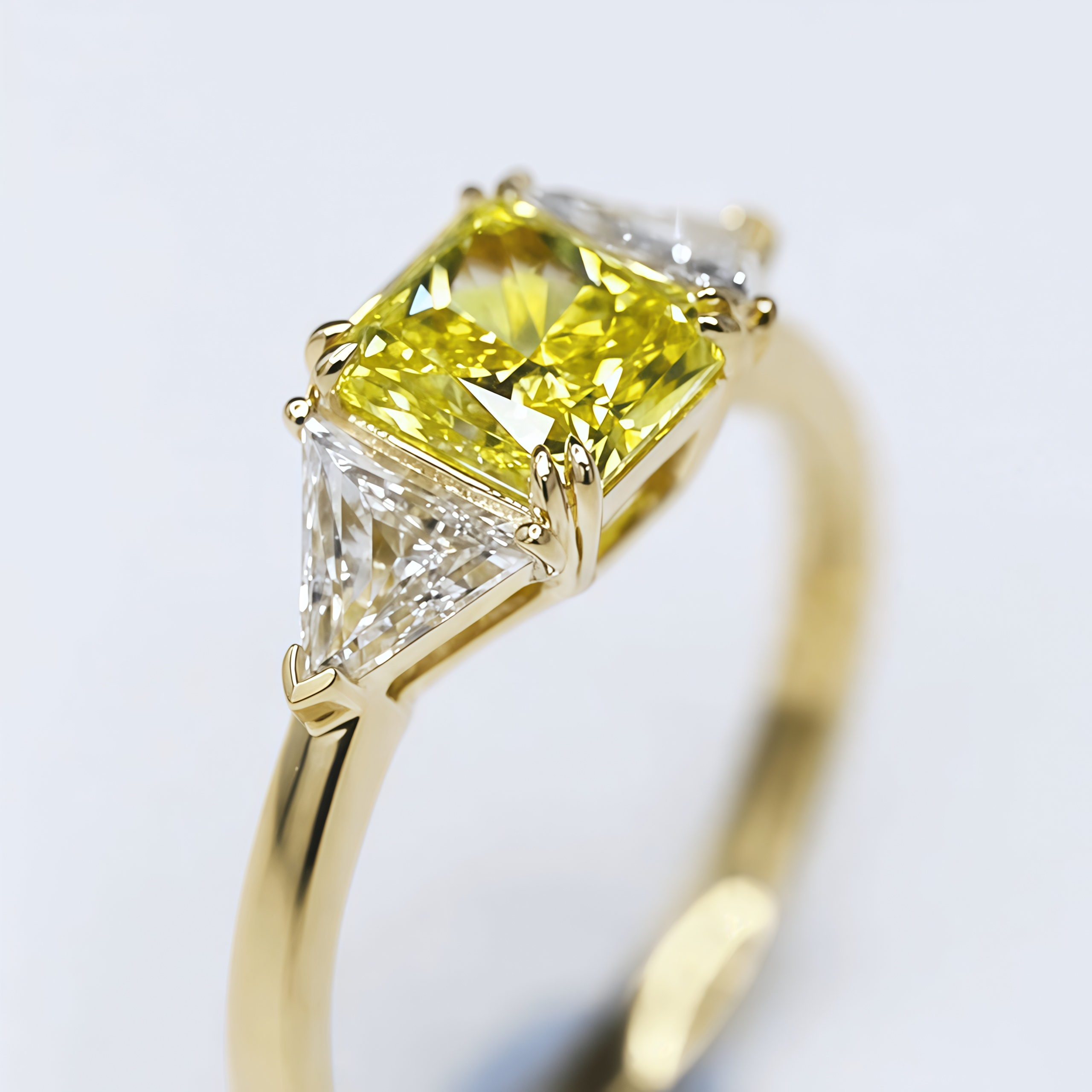 1.7 Carat Princess Cut Yellow Lab Diamond Three-Stone Ring 18K Gold