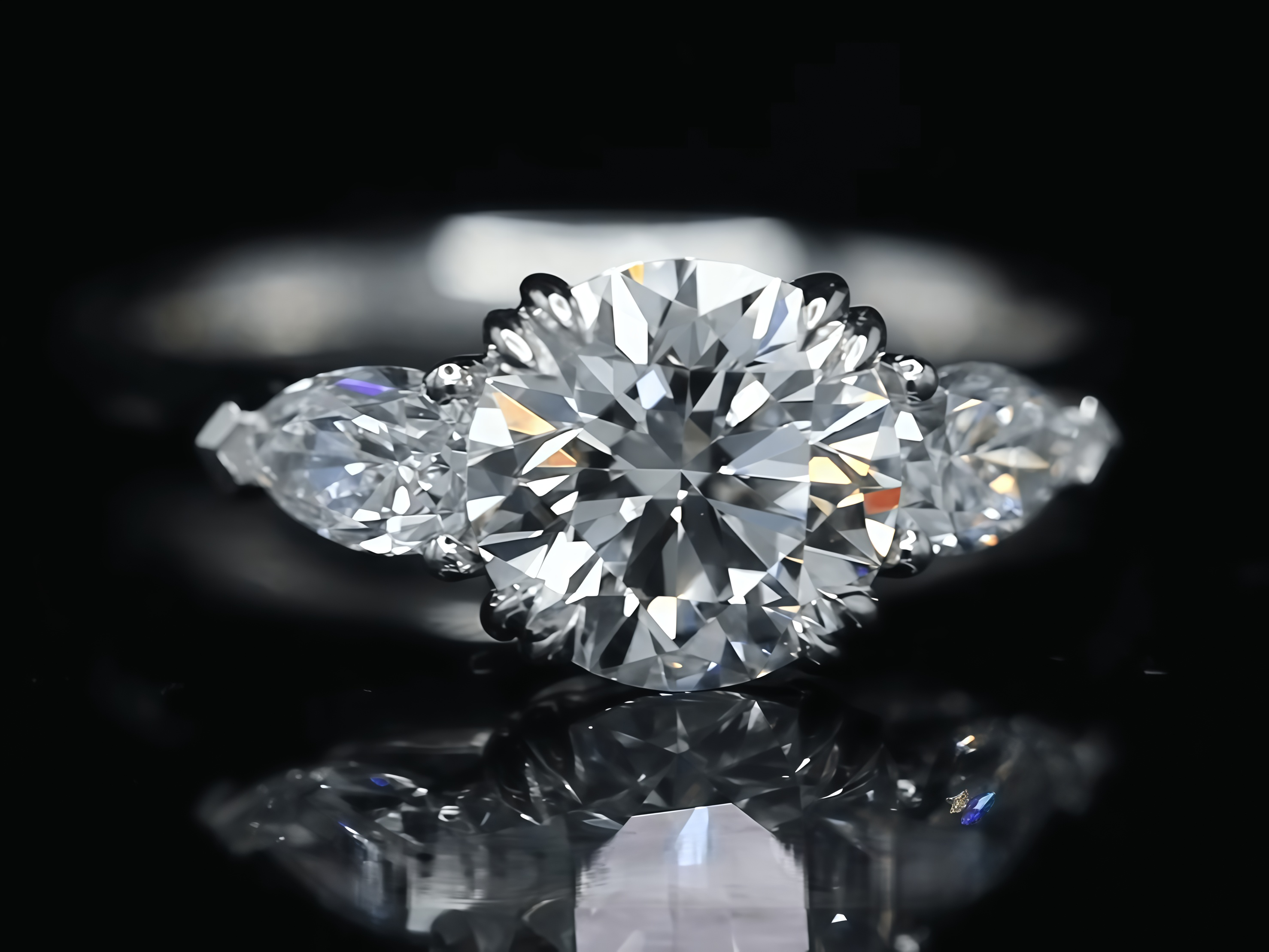 Three-Stone 1 Carat Round Diamond With Pear Side Stones Ring 18K Gold