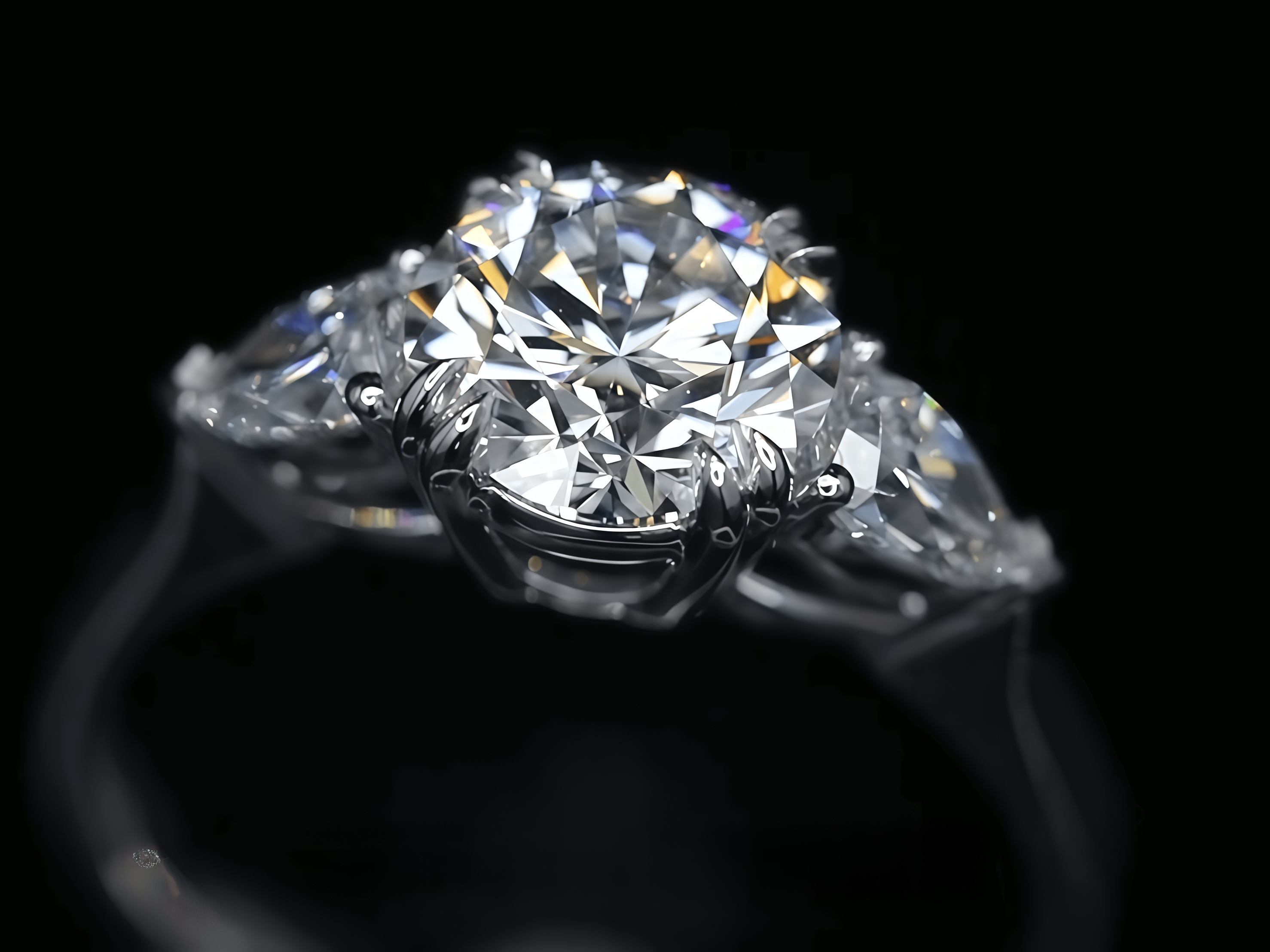 Three-Stone 1 Carat Round Diamond With Pear Side Stones Ring 18K Gold