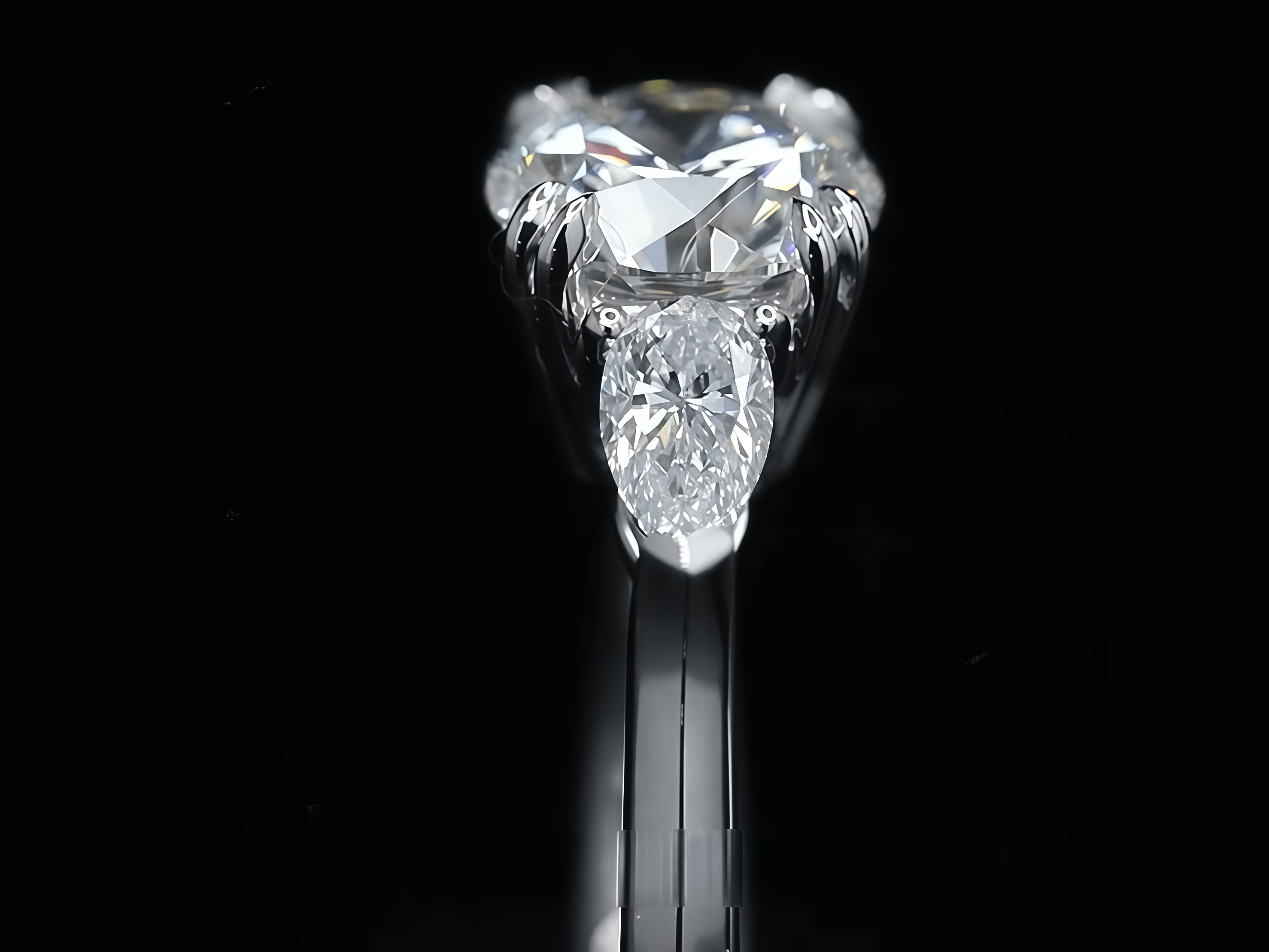 Three-Stone 1 Carat Round Diamond With Pear Side Stones Ring 18K Gold