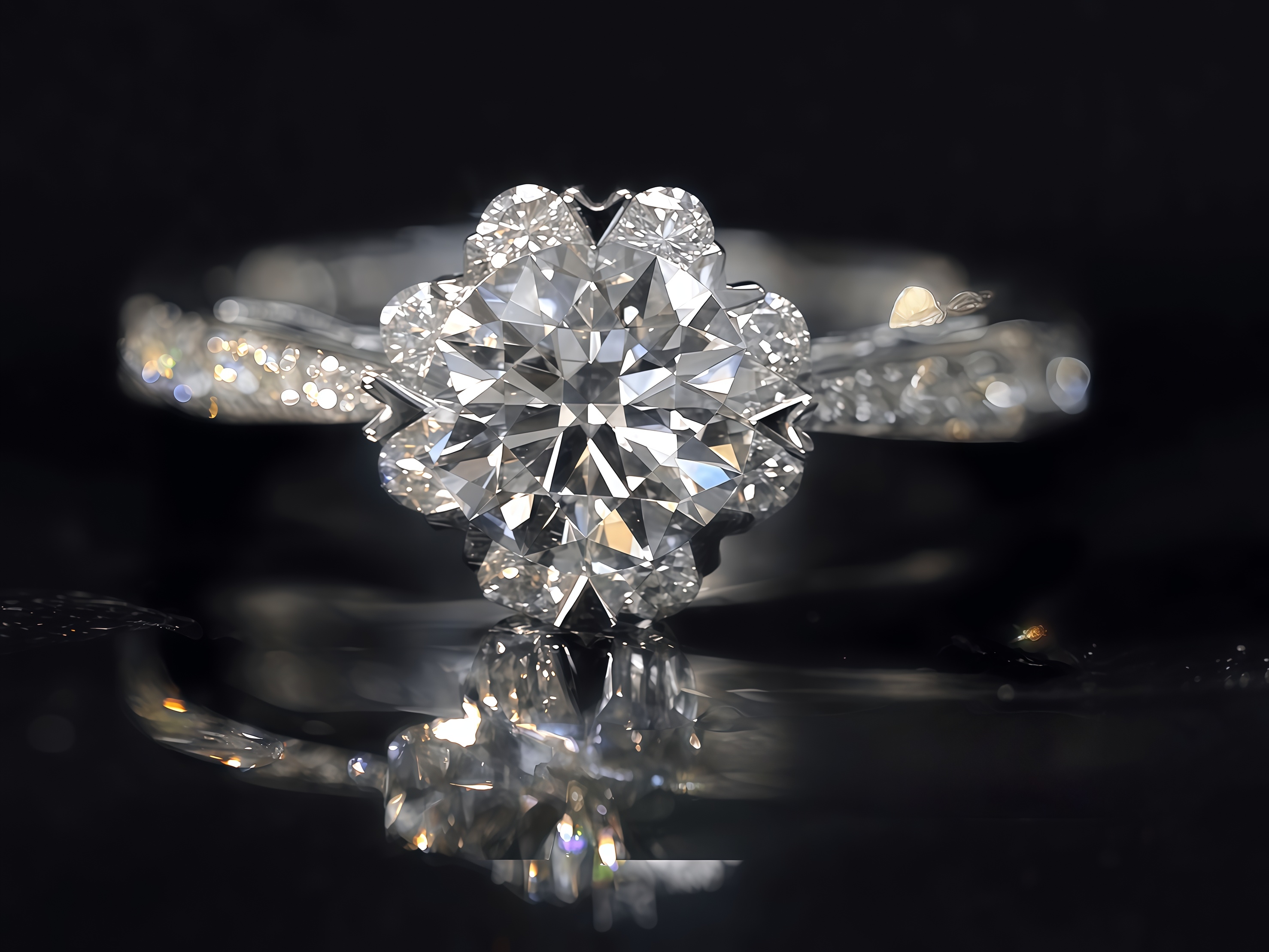 Unique Snowflake Lab Diamond Ring 18K Gold Halo - Pave Engagement Ring