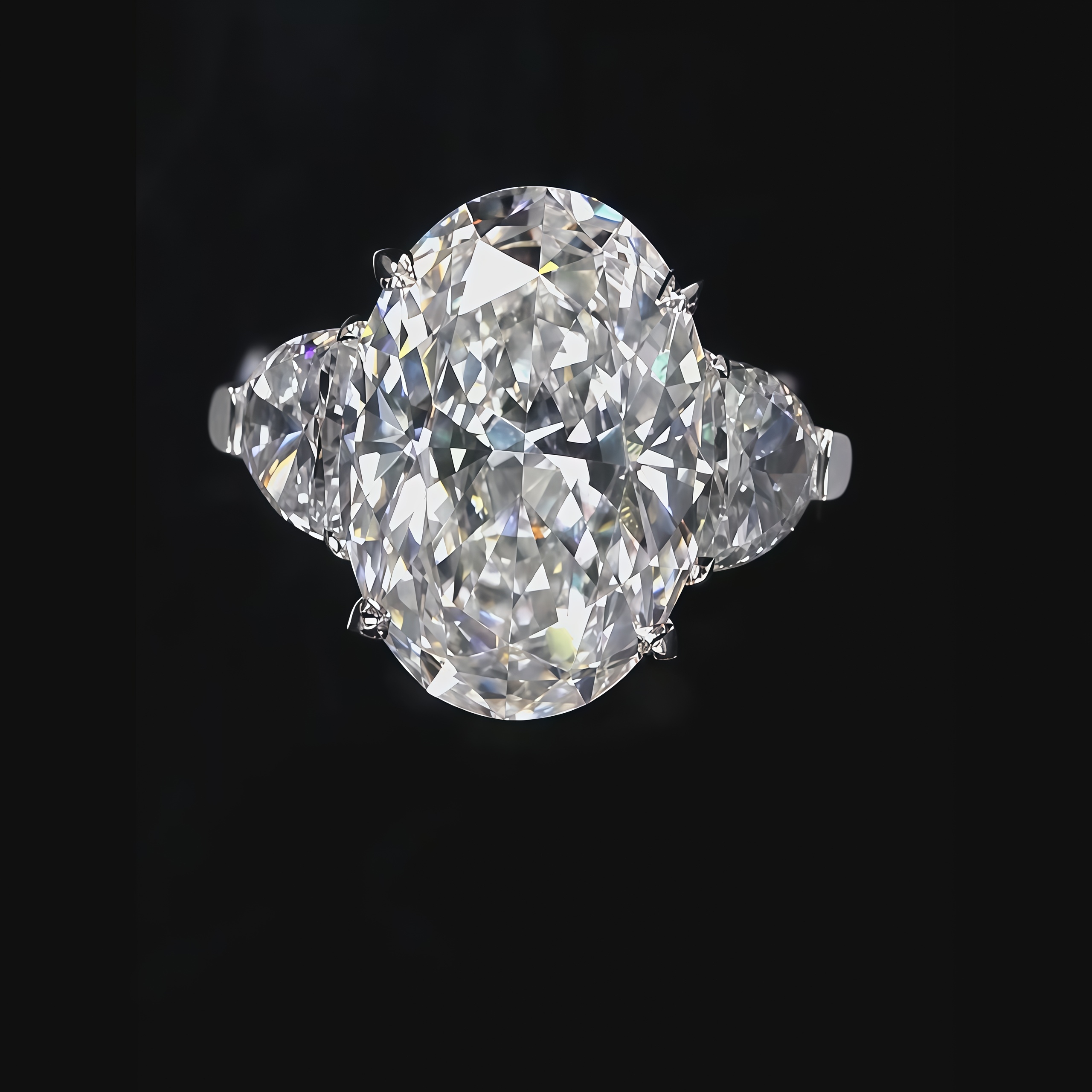 10 CT Oval and Half Moon Lab Grown Diamond Three Stone Engagement Ring