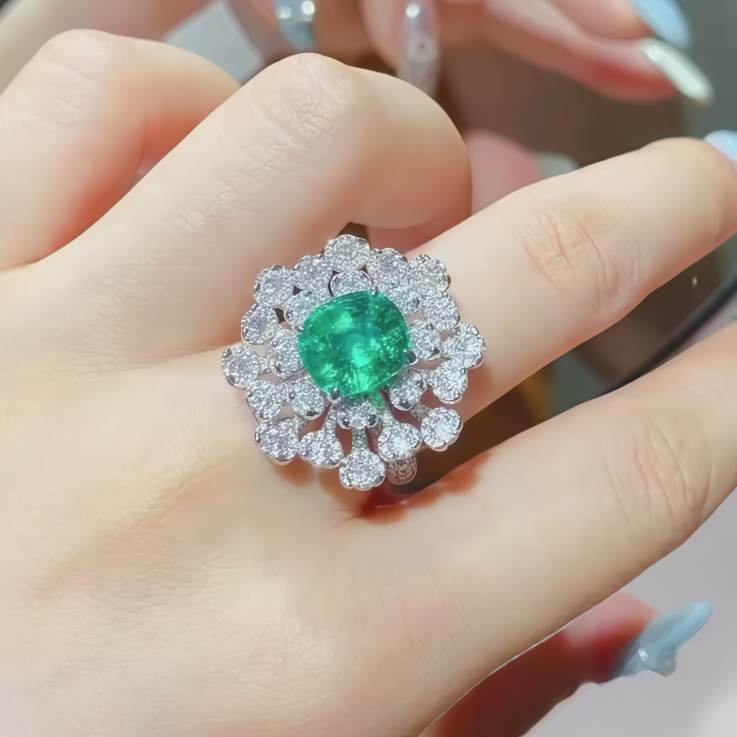 Lab-Grown Emerald and Diamond Cocktail Ring In 14k Gold