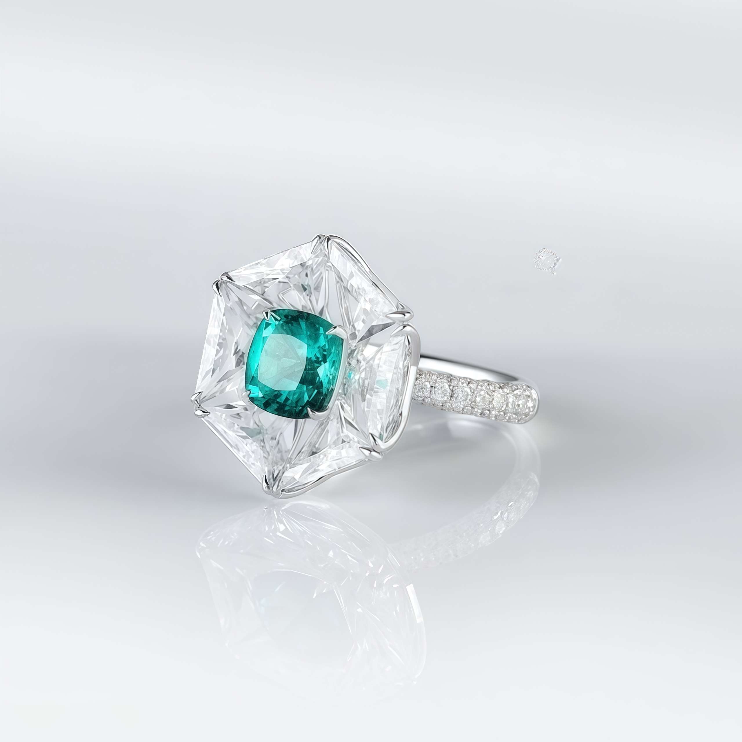 Lab-Grown Emerald Ring with White Sapphire Mosaic Setting In 14k Gold