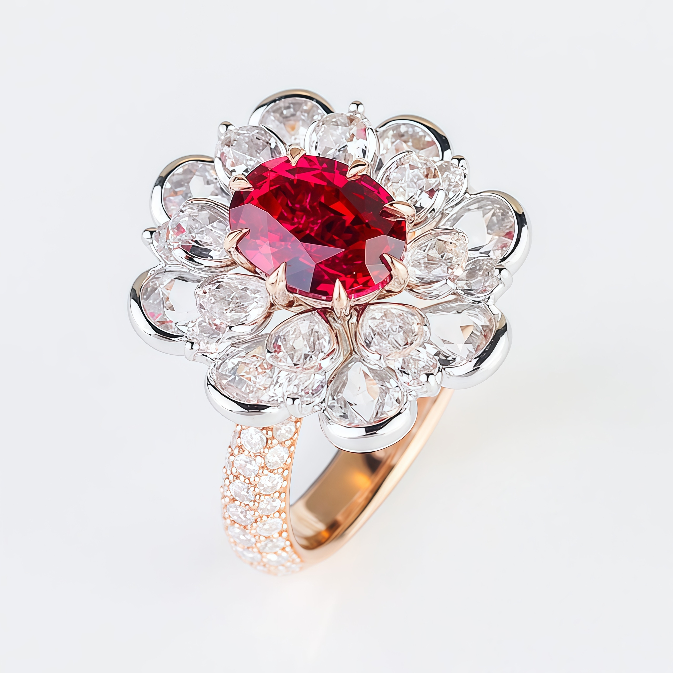 Oval Cut Lab Ruby And Diamond Halo Cocktail Ring In 14k Gold