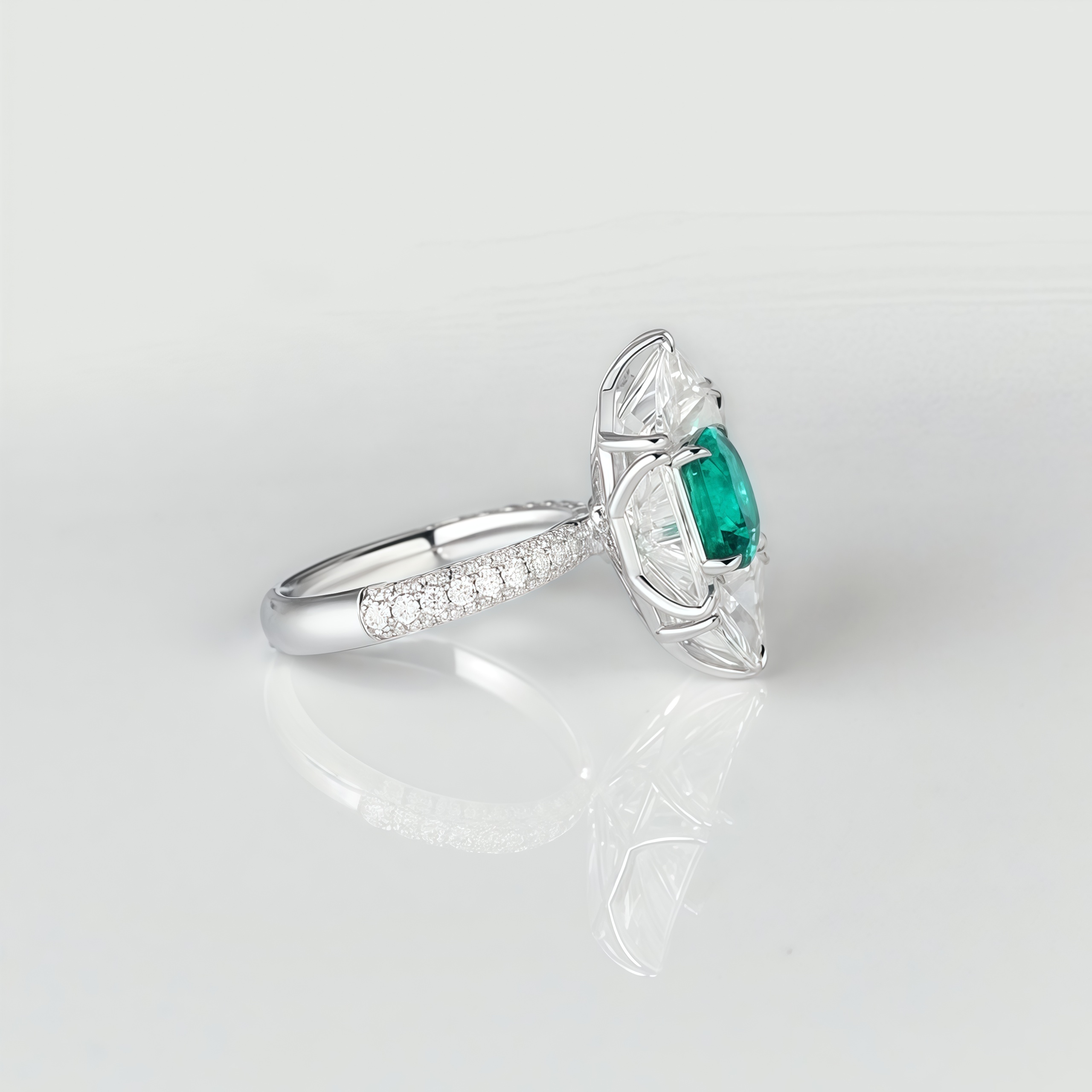 Lab-Grown Emerald Ring with White Sapphire Mosaic Setting In 14k Gold