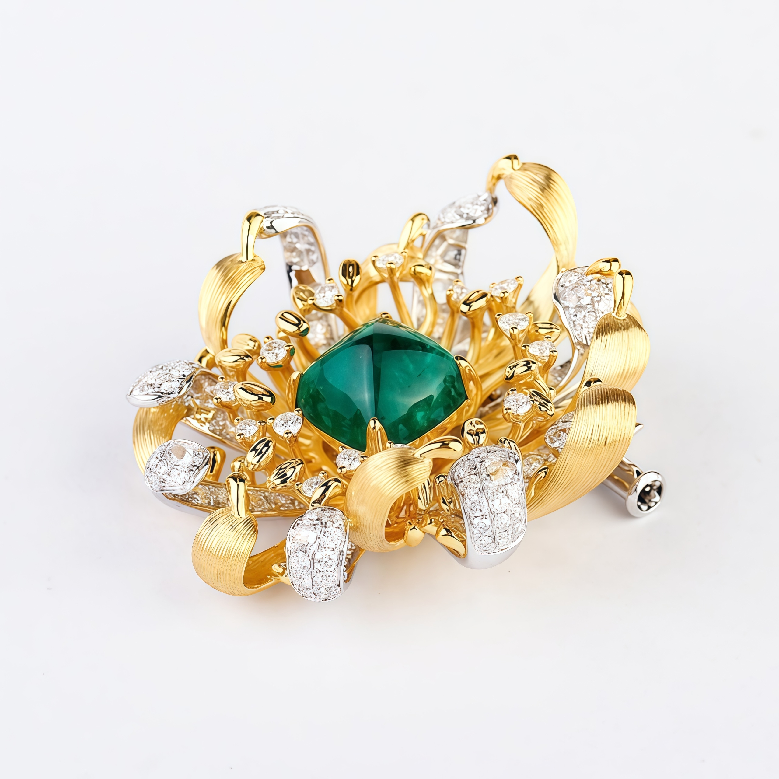 Lab Grown Emerald and Diamond Brooch 14K Yellow Gold