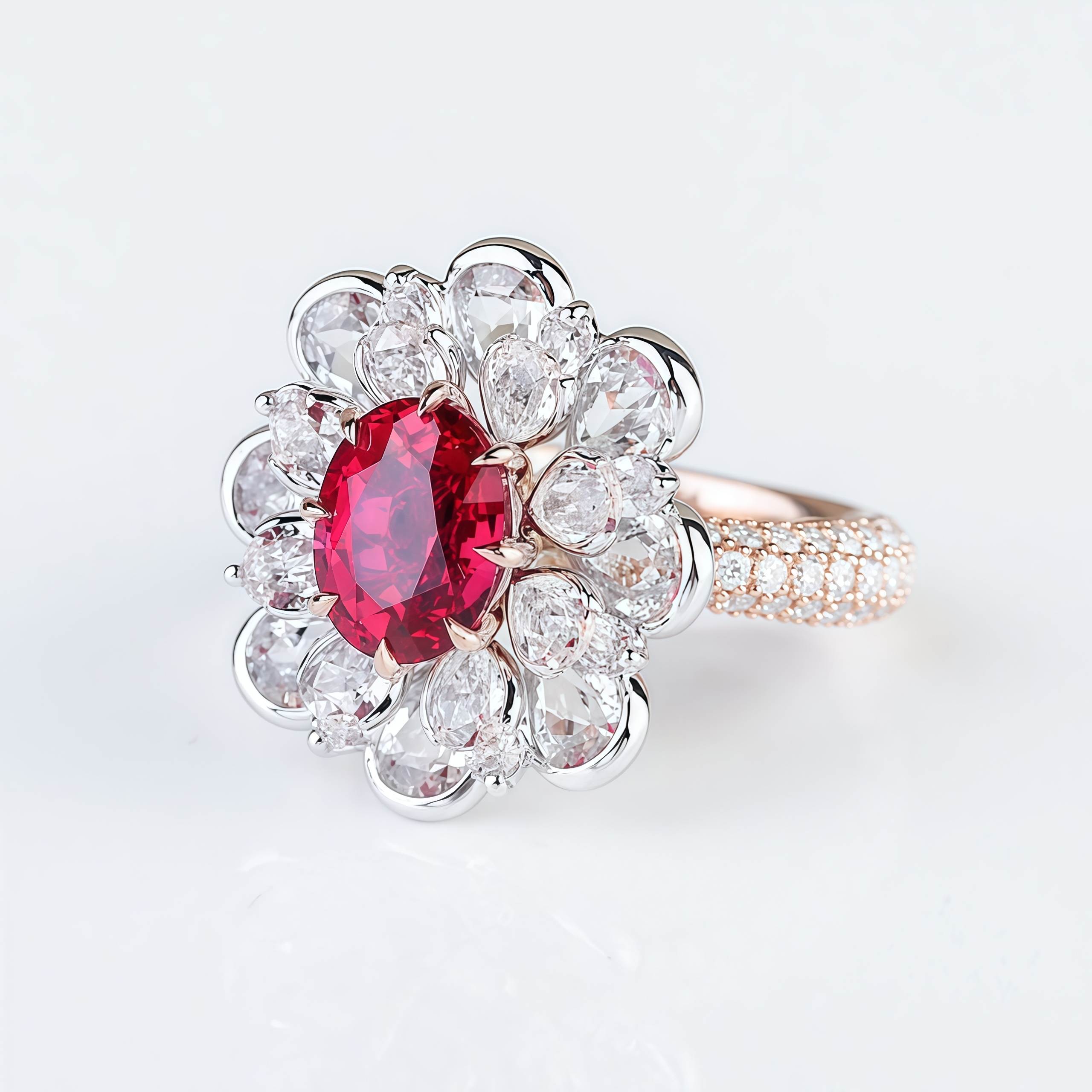Oval Cut Lab Ruby And Diamond Halo Cocktail Ring In 14k Gold
