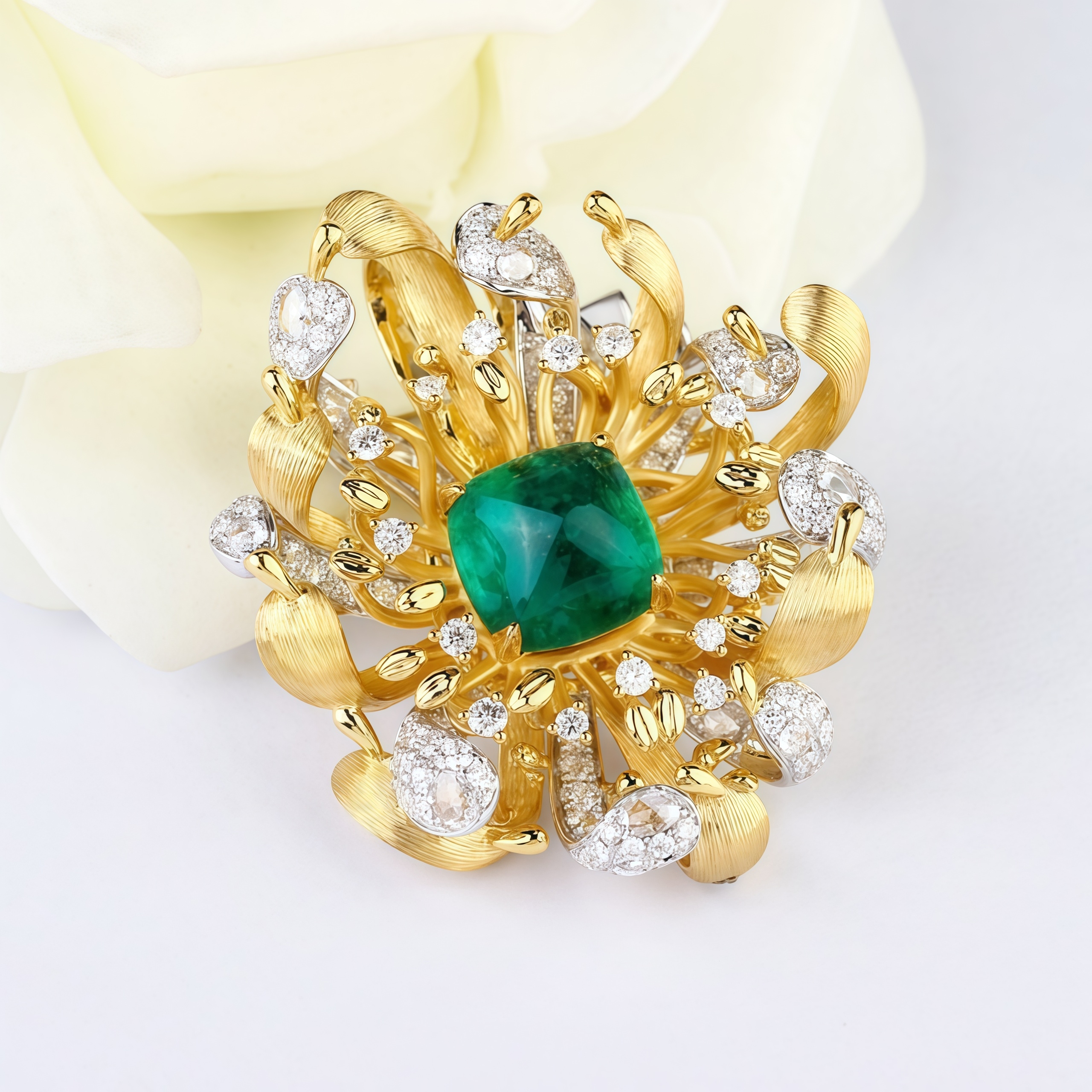 Lab Grown Emerald and Diamond Brooch 14K Yellow Gold
