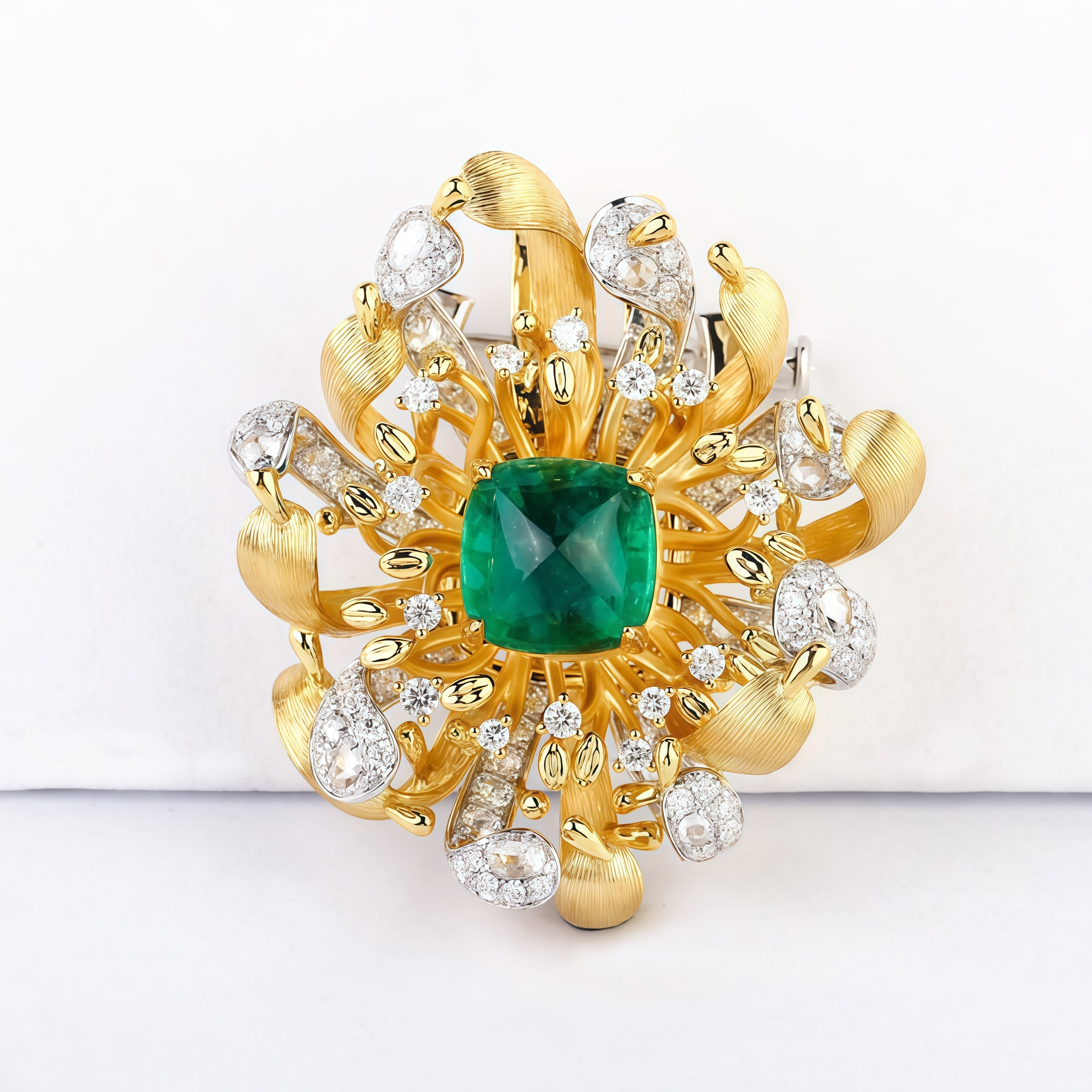 Lab Grown Emerald and Diamond Brooch 14K Yellow Gold