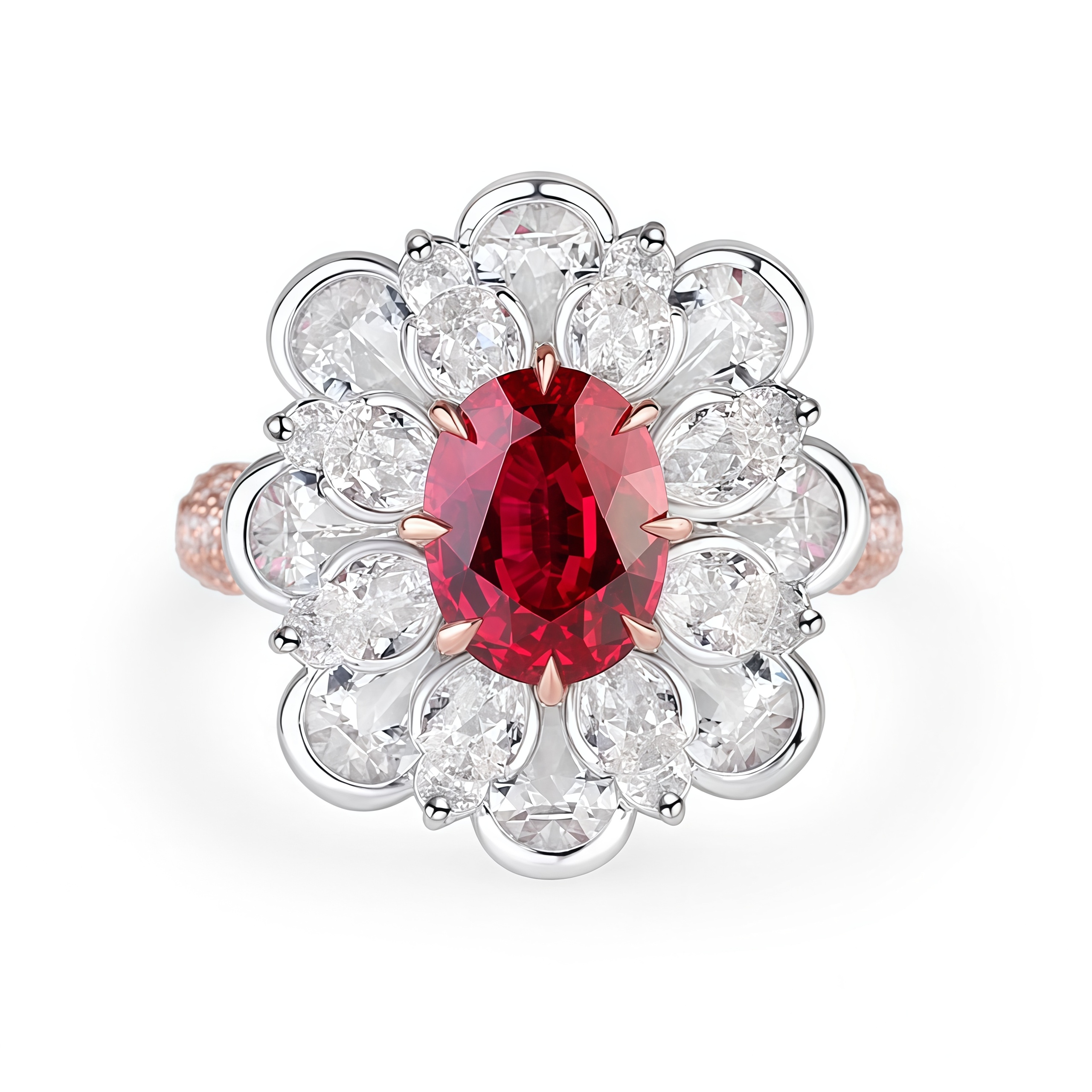 Oval Cut Lab Ruby And Diamond Halo Cocktail Ring In 14k Gold