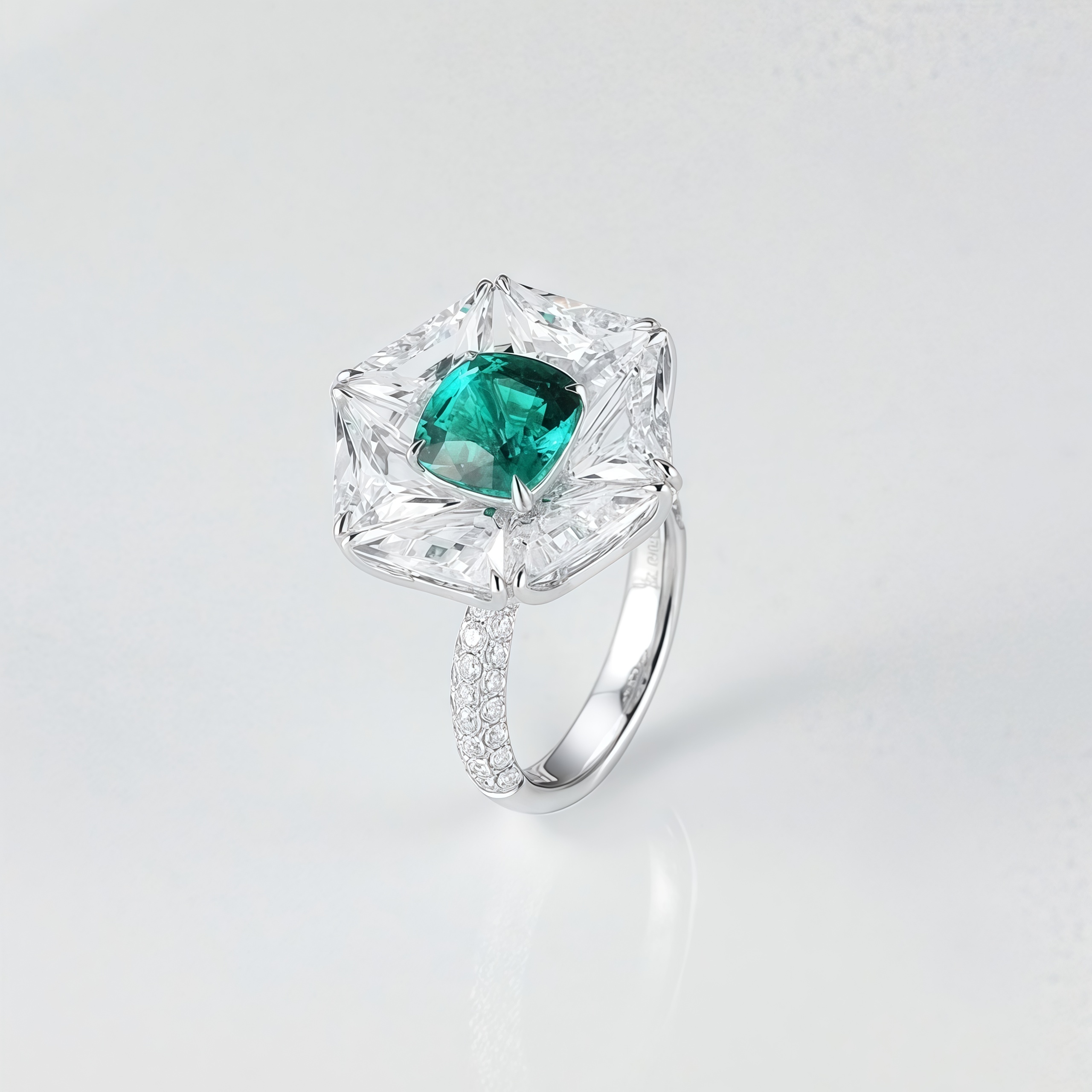 Lab-Grown Emerald Ring with White Sapphire Mosaic Setting In 14k Gold