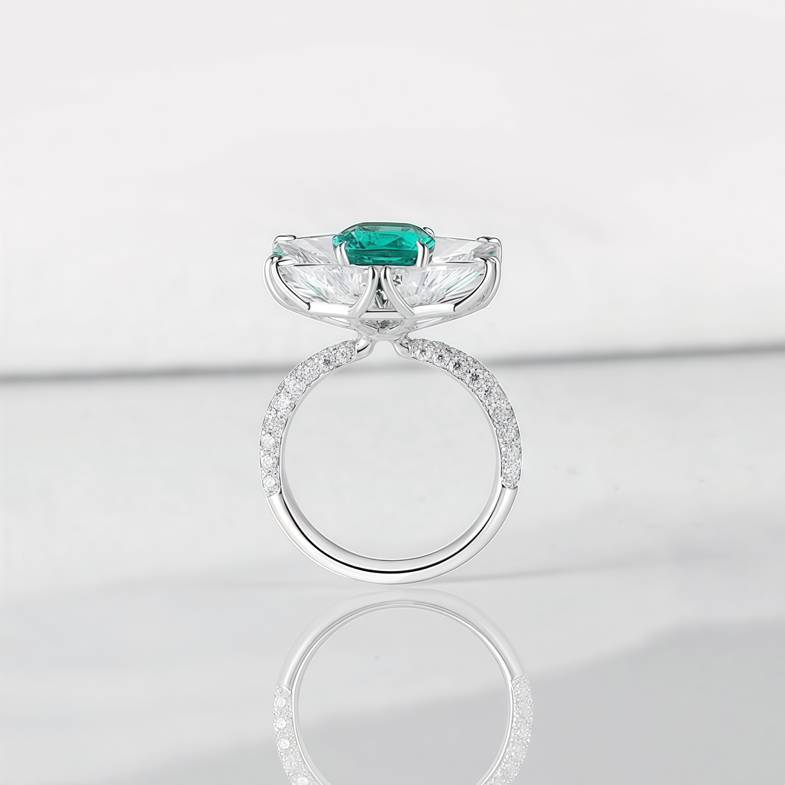 Lab-Grown Emerald Ring with White Sapphire Mosaic Setting In 14k Gold