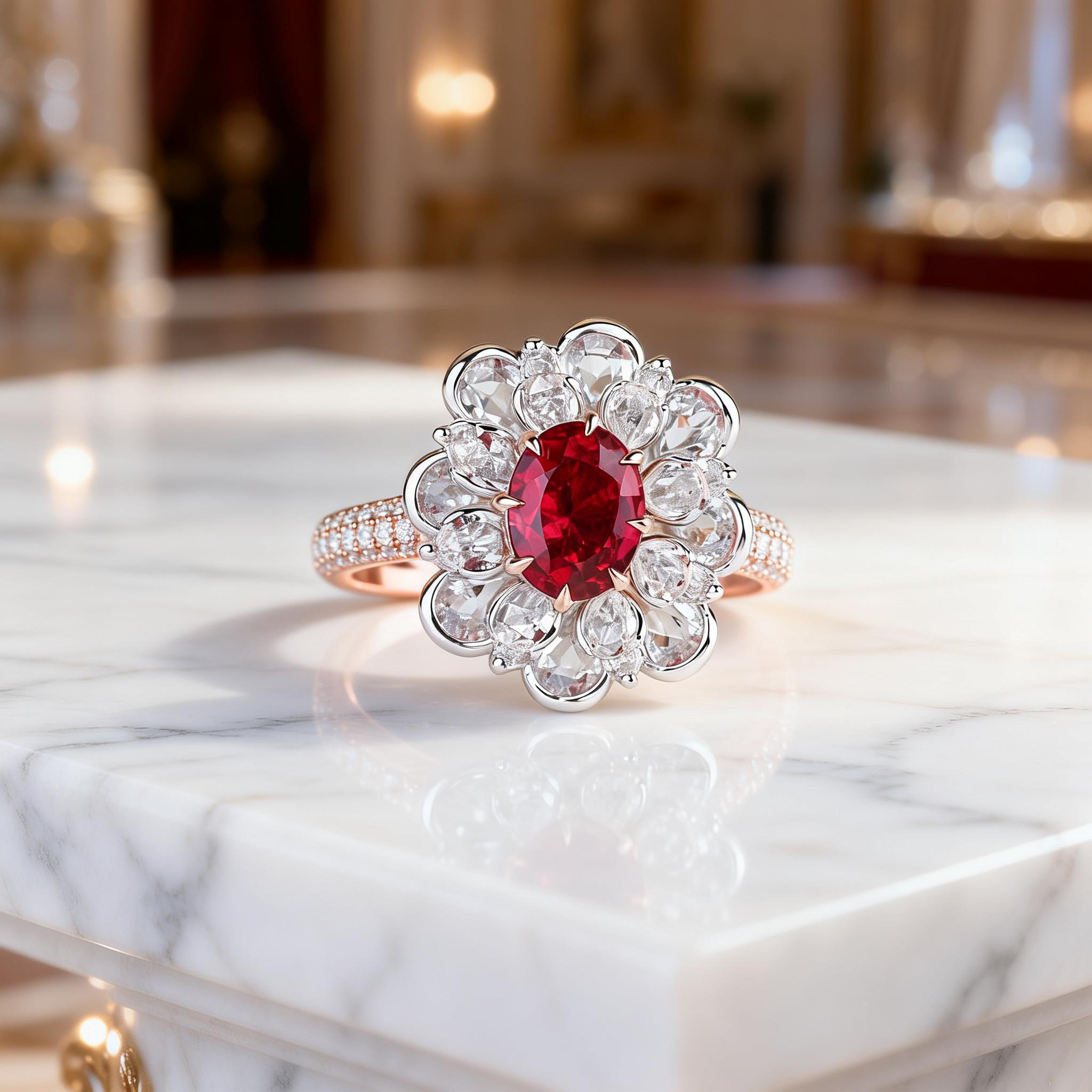 Oval Cut Lab Ruby And Diamond Halo Cocktail Ring In 14k Gold