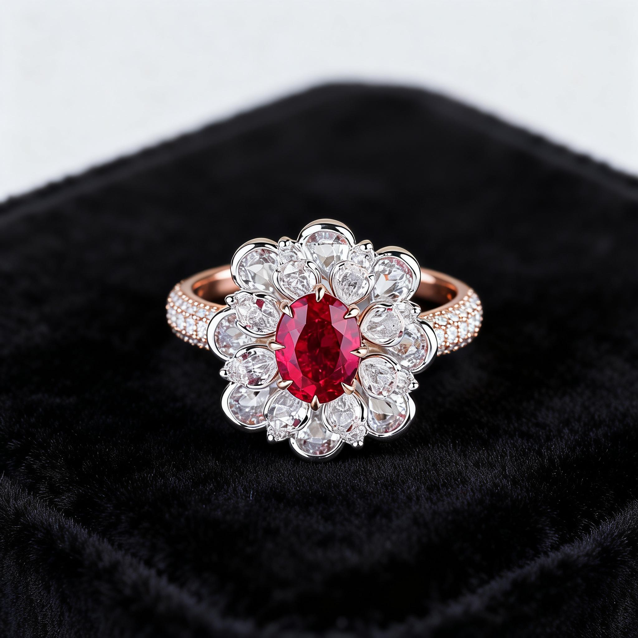 Oval Cut Lab Ruby And Diamond Halo Cocktail Ring In 14k Gold