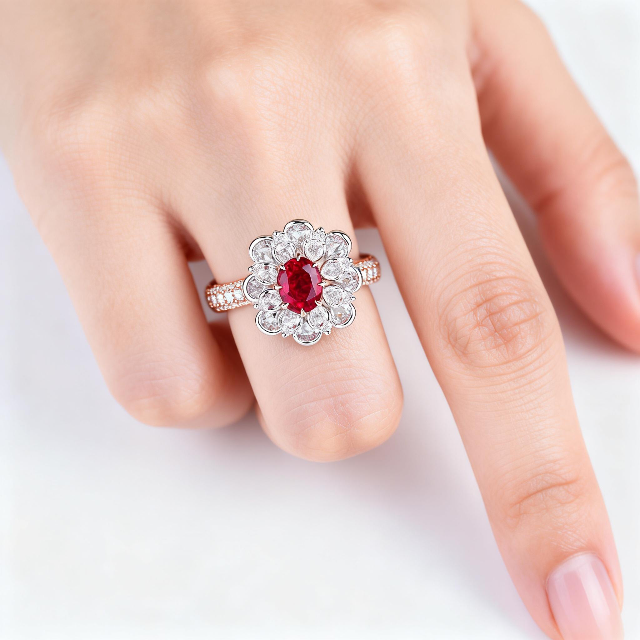 Oval Cut Lab Ruby And Diamond Halo Cocktail Ring In 14k Gold
