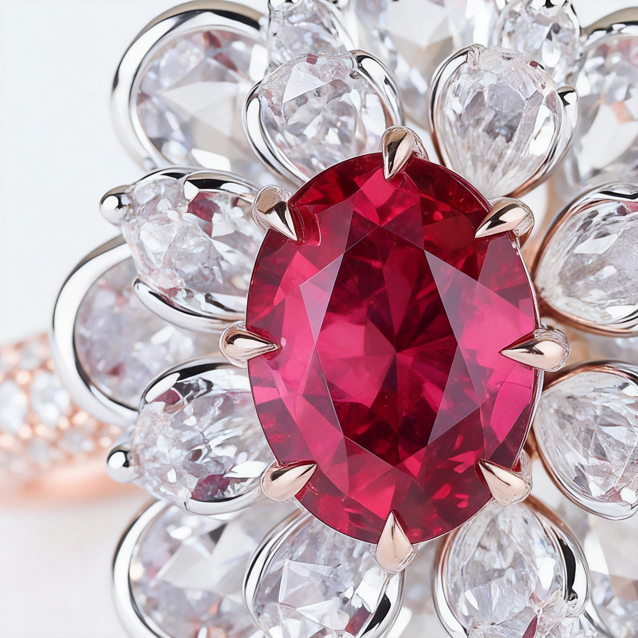 Oval Cut Lab Ruby And Diamond Halo Cocktail Ring In 14k Gold