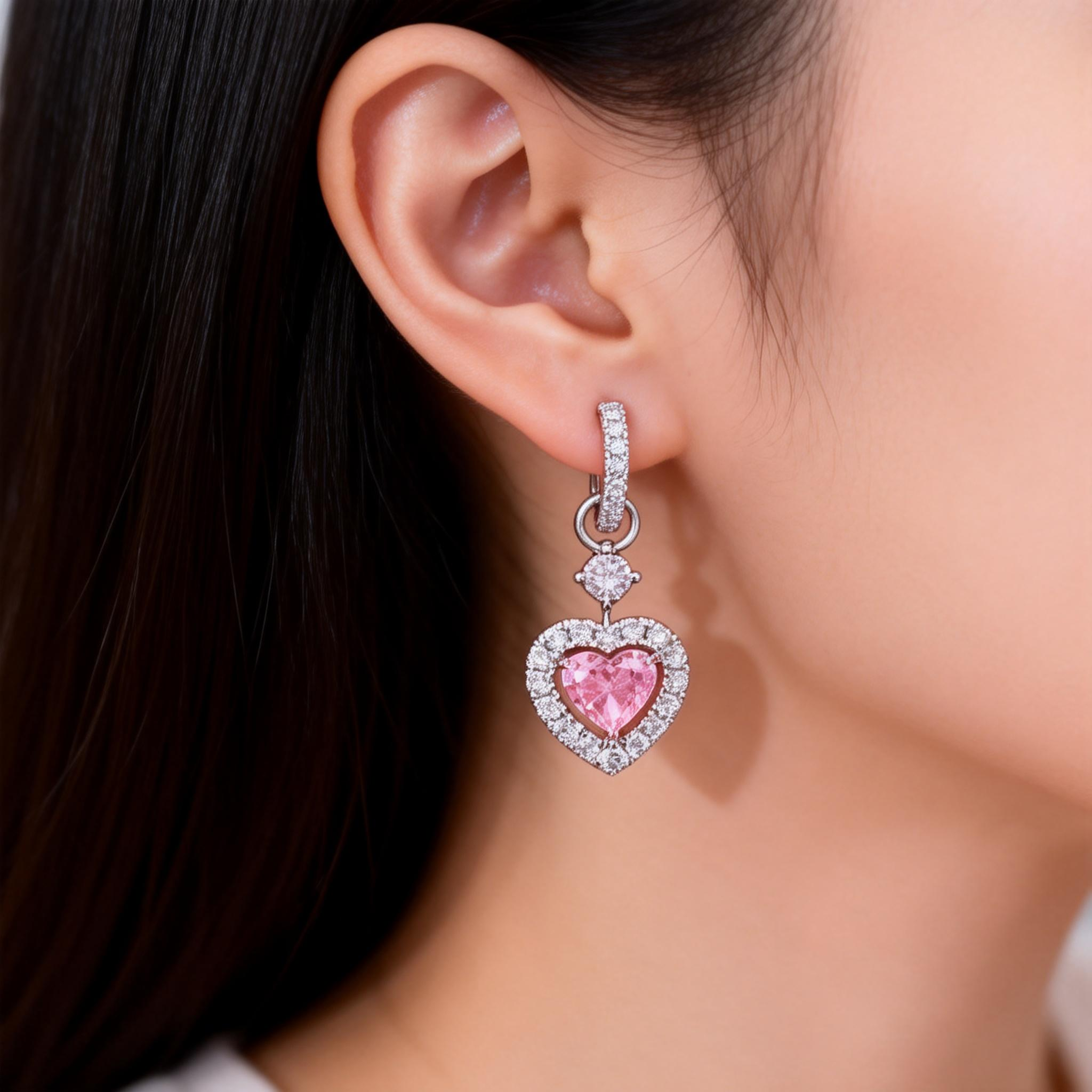Detachable Heart Pink Lab Diamond Hoop Earrings