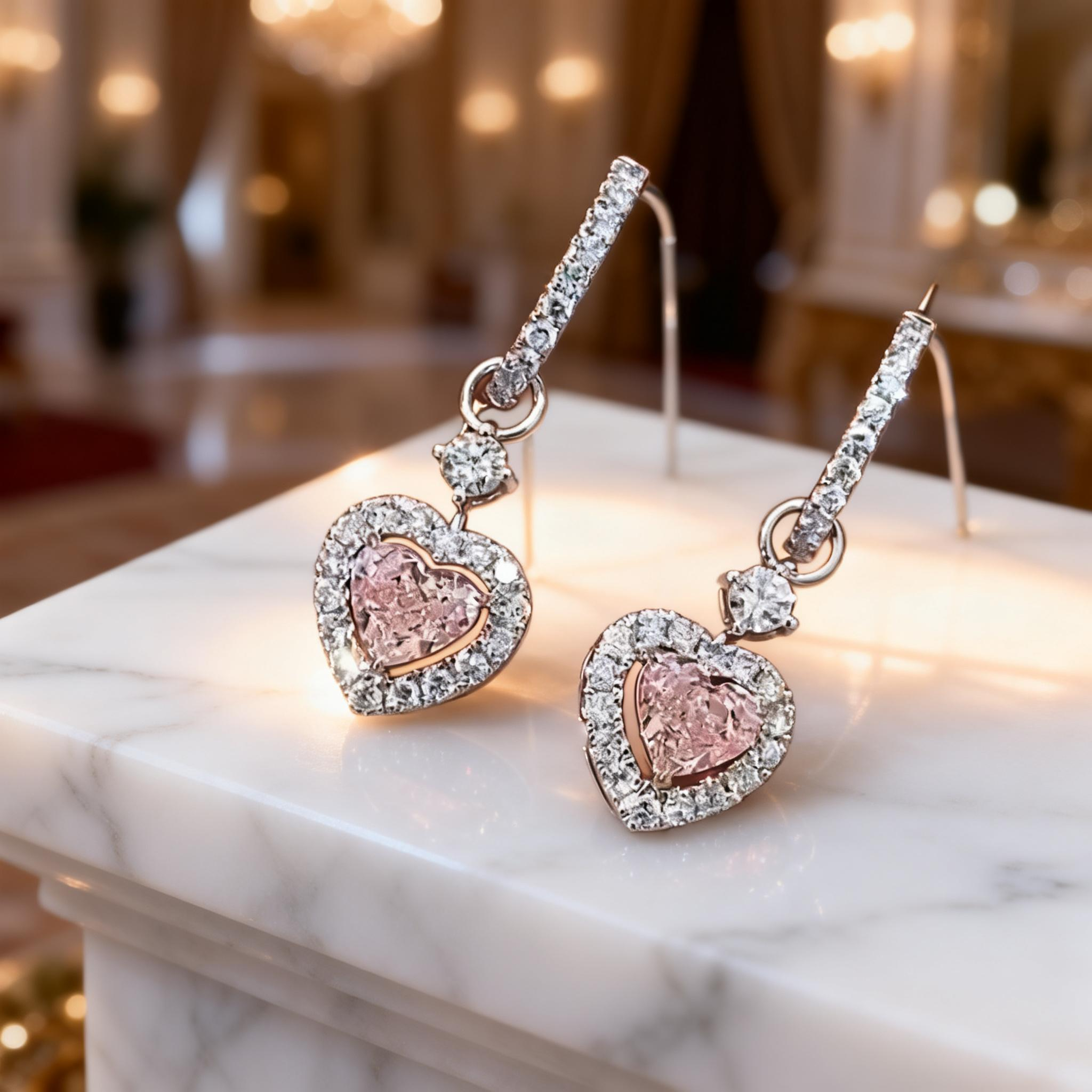 Detachable Heart Pink Lab Diamond Hoop Earrings