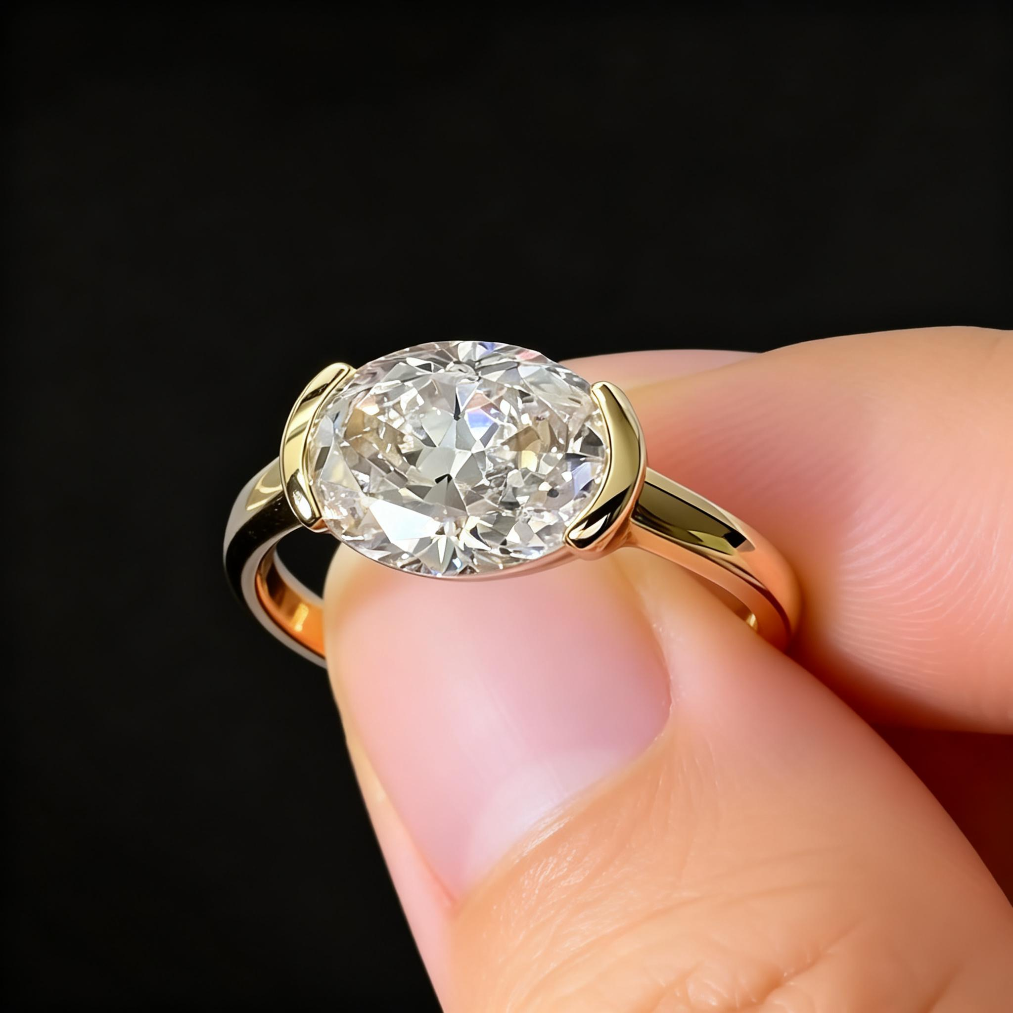 3 CT Oval Lab Diamond East West Engagement Ring 18K Gold