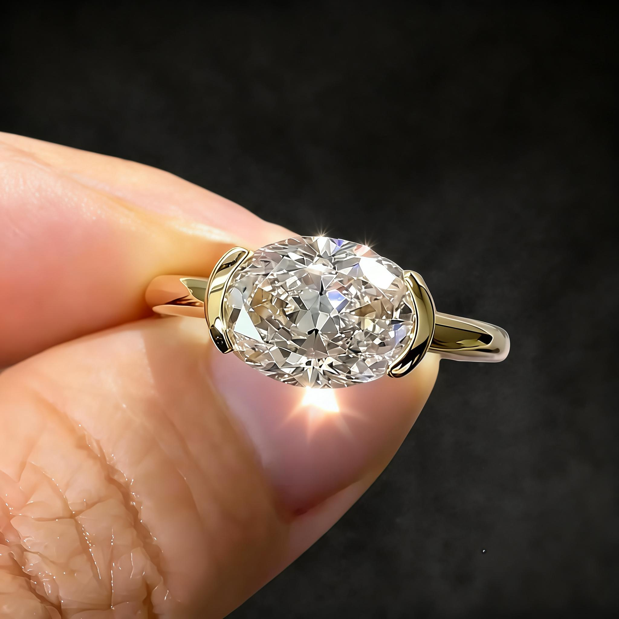 3 CT Oval Lab Diamond East West Engagement Ring 18K Gold