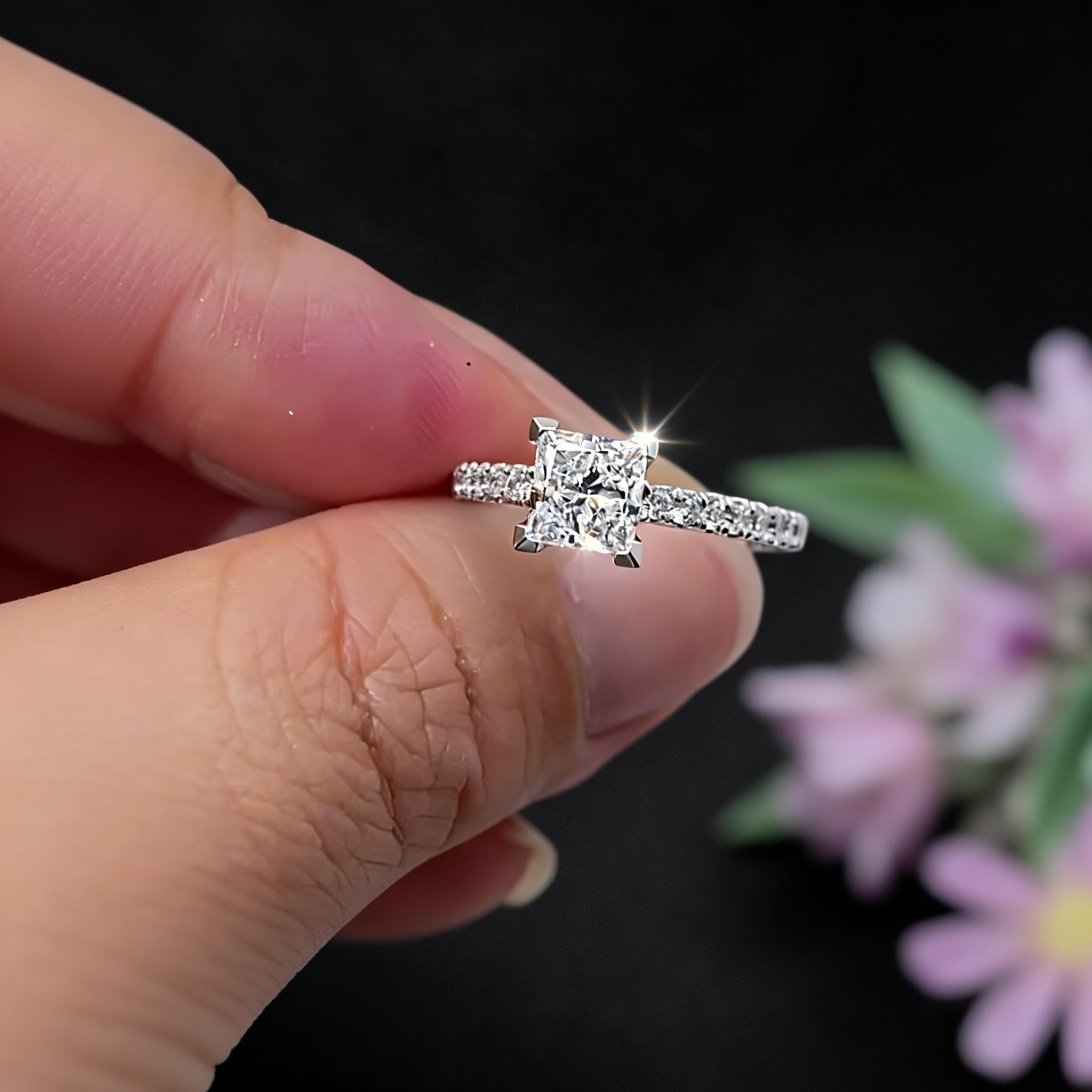 0.7 CT Princess Cut Pave Lab Grown Diamond Engagement Rings