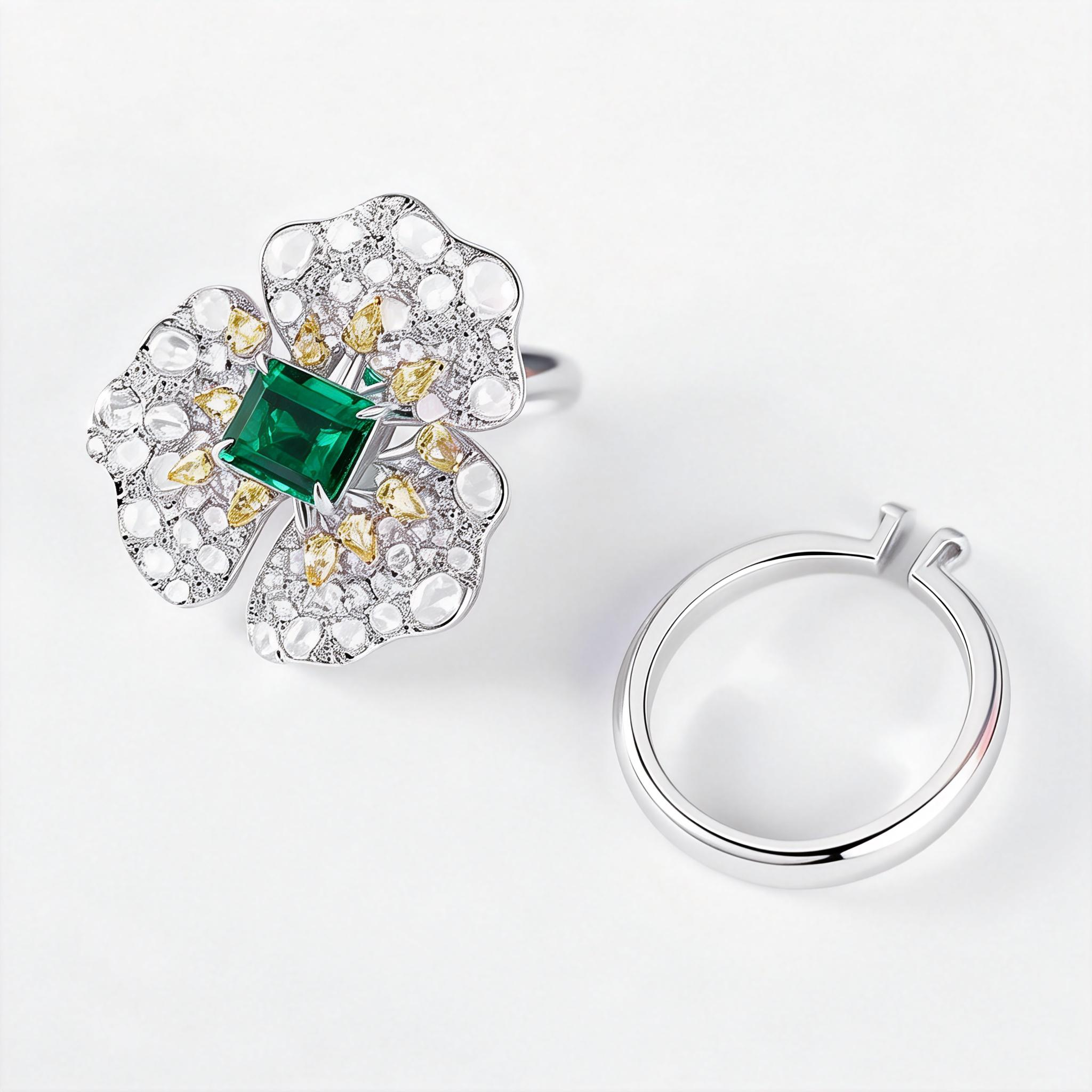 2in1 Convertible Green Lab Emerald Diamond Ring&Pendant 14K Gold