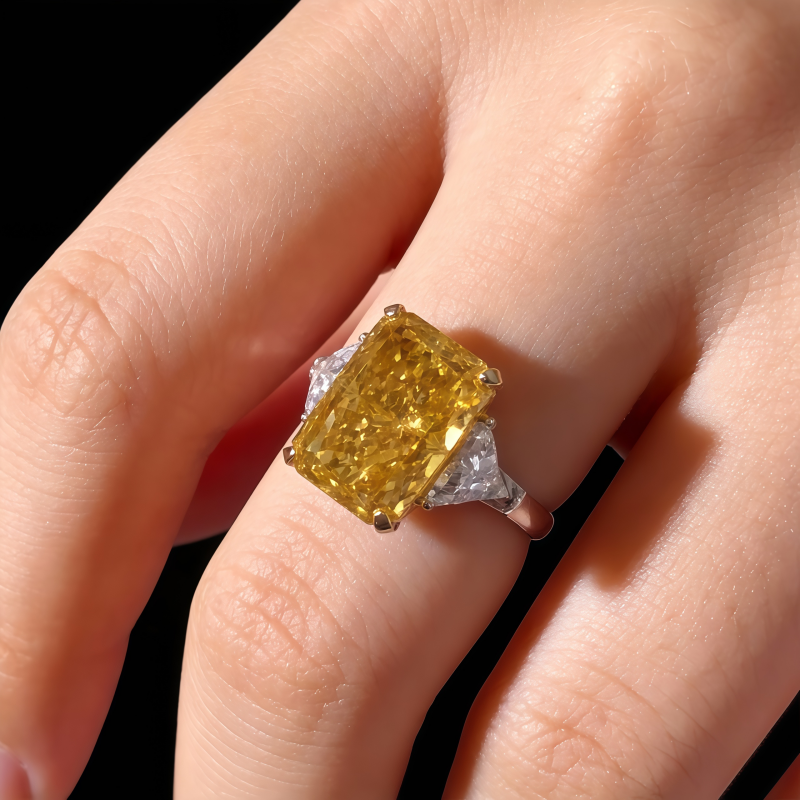 10 Carat Fancy Vivid Yellow Radiant Cut Lab Diamond Three Stones Ring