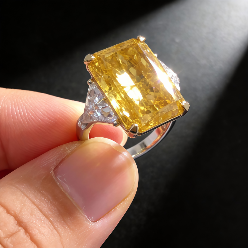 10 Carat Fancy Vivid Yellow Radiant Cut Lab Diamond Three Stones Ring
