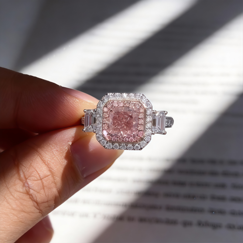 Radiant Pink Lab Grown Diamond Double Halo Ring