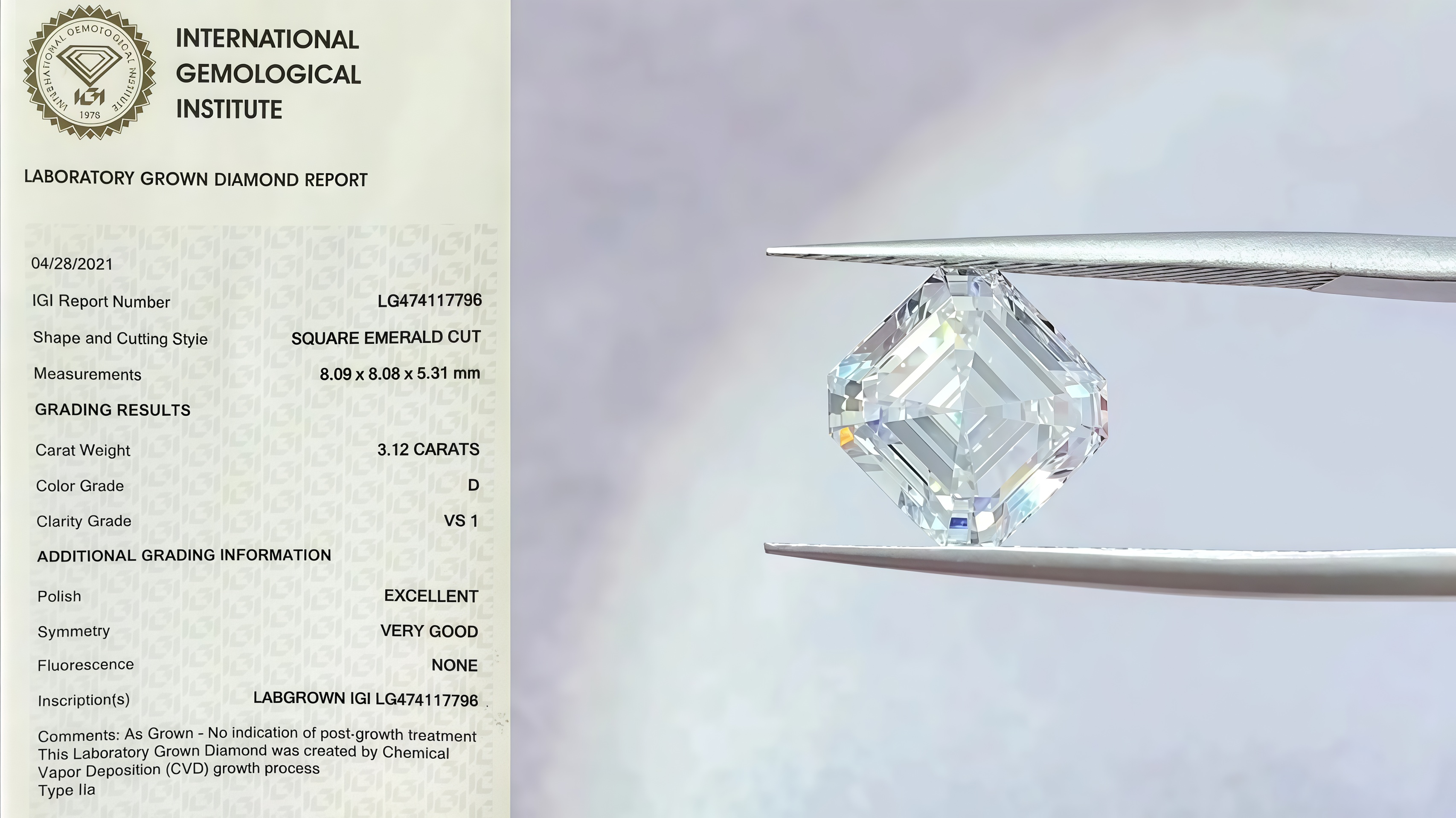 3.12 Carat Square Emerlad Cut Lab-Grown Diamond
