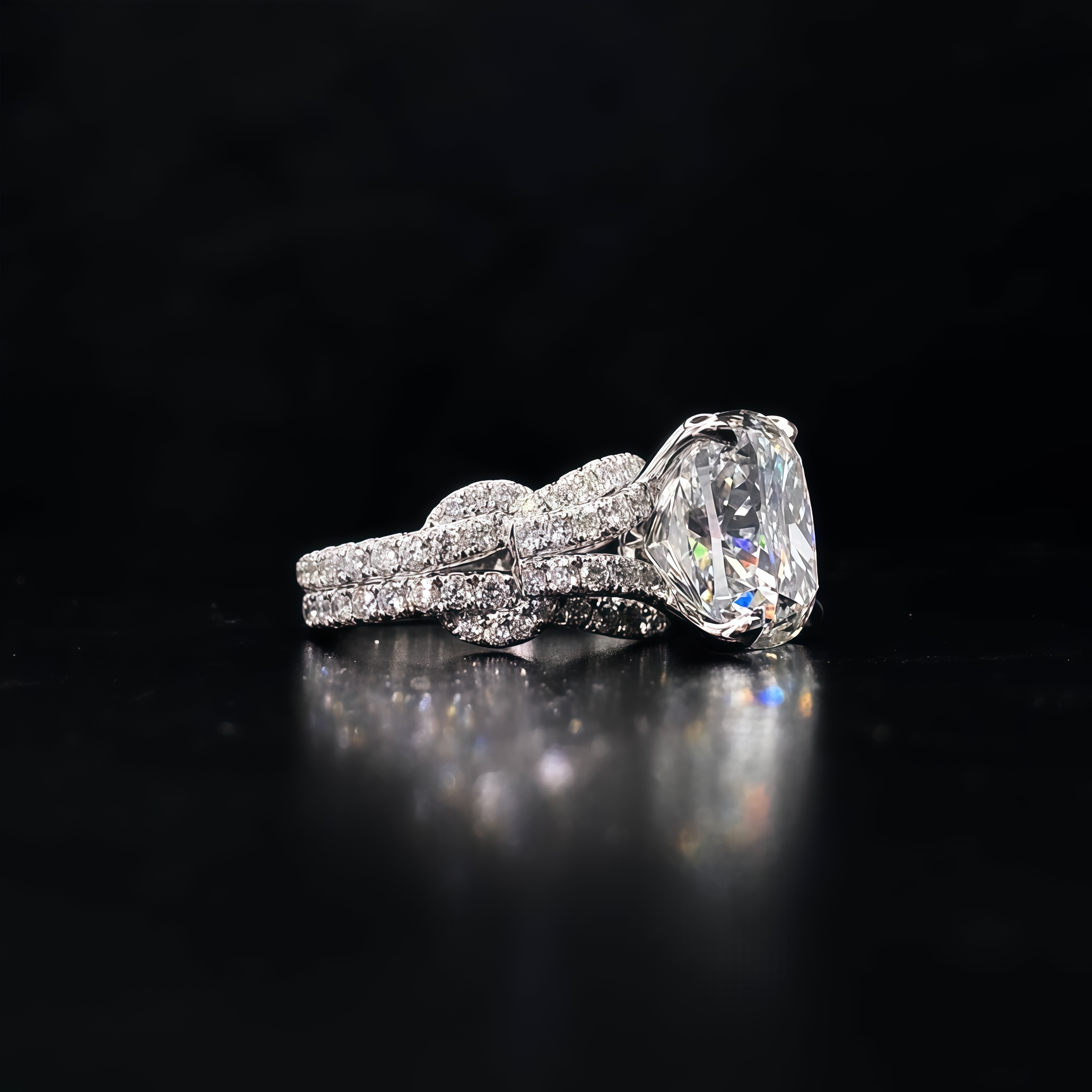 Luxurious 10 Carat Cushion Cut Lab Diamond Knot Ring