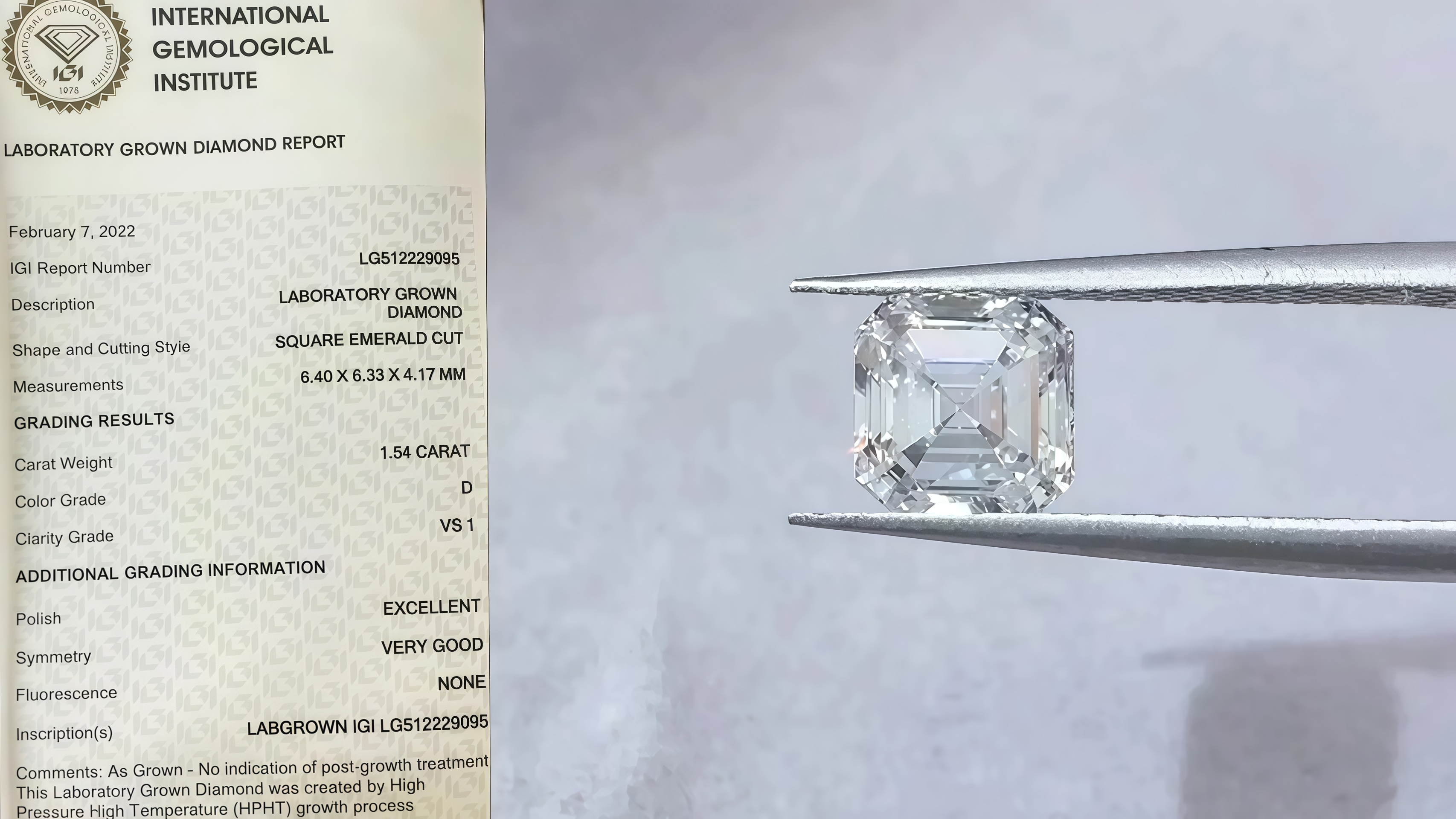 1.54 Carat Square Emerlad Cut Lab-Grown Diamond