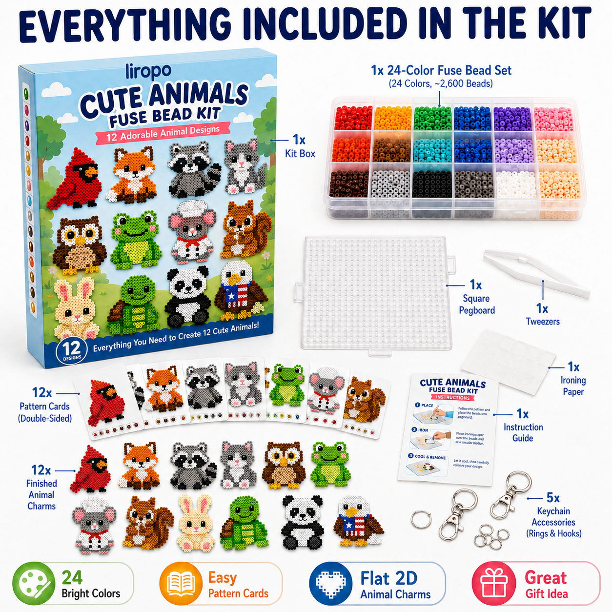 Cute Animals Fuse Bead Kit 🐾 12 Animal Pattern DIY Craft Toy