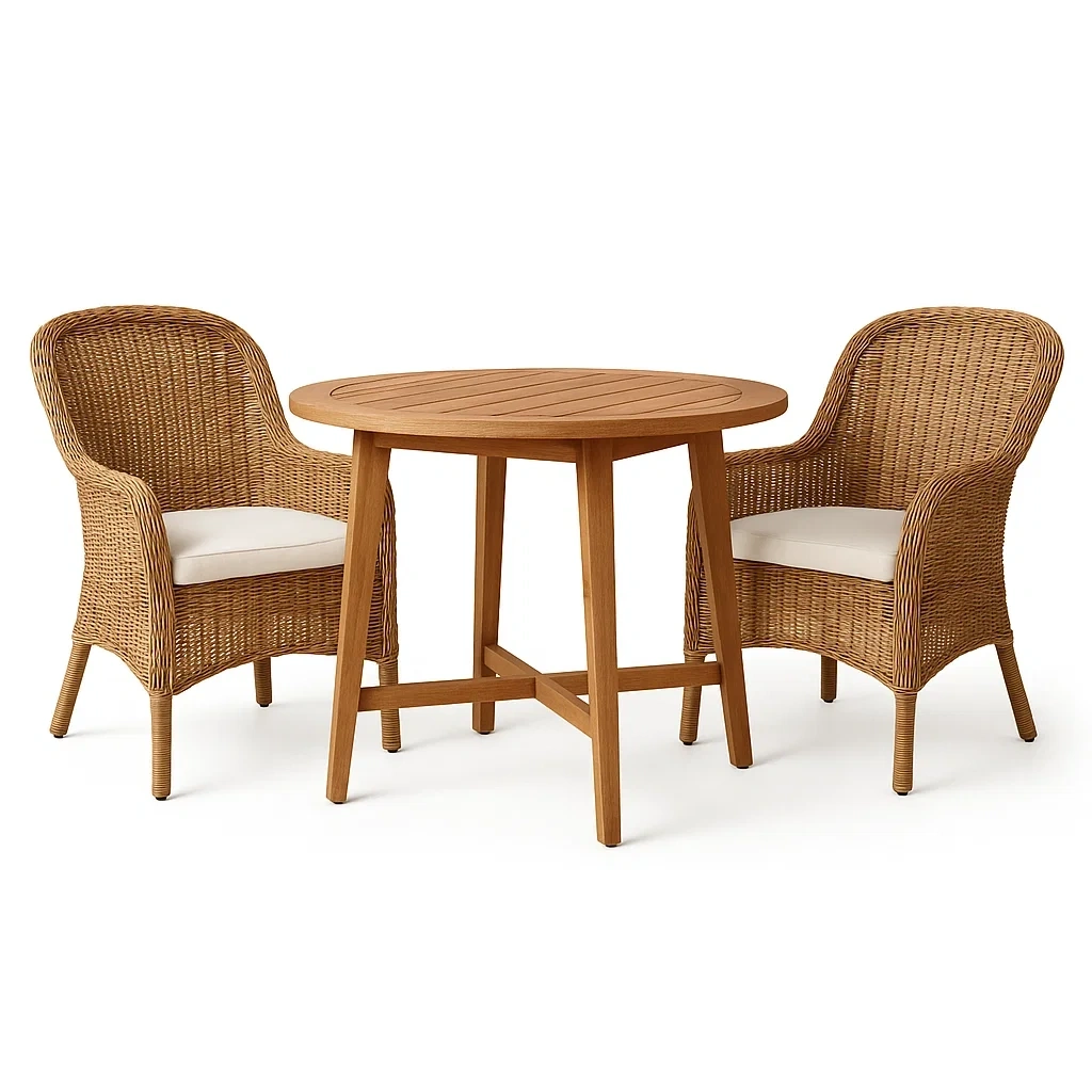 Ensemble table et chaises de terrasse avec table ronde en bois et fauteuils en rotin synthétique avec coussins blancs-Sofineto