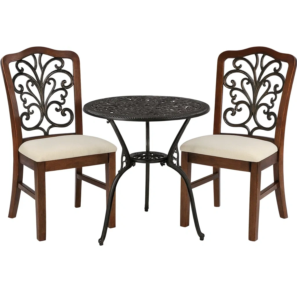 Ensemble table et chaises de terrasse avec table ronde en métal et chaises en bois avec assise beige-Sofineto