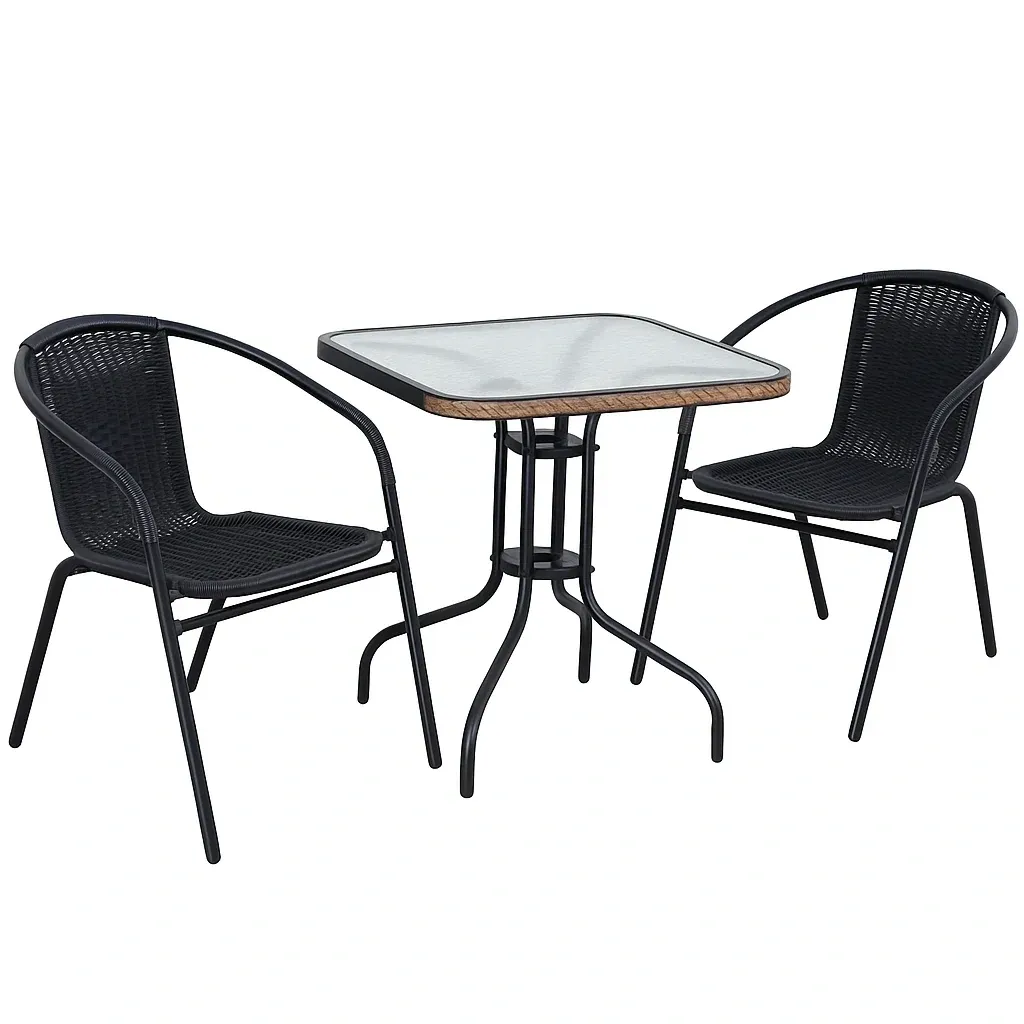Ensemble table et chaises de terrasse carré en métal et verre trempé avec chaises en polypropylène noir-Sofineto