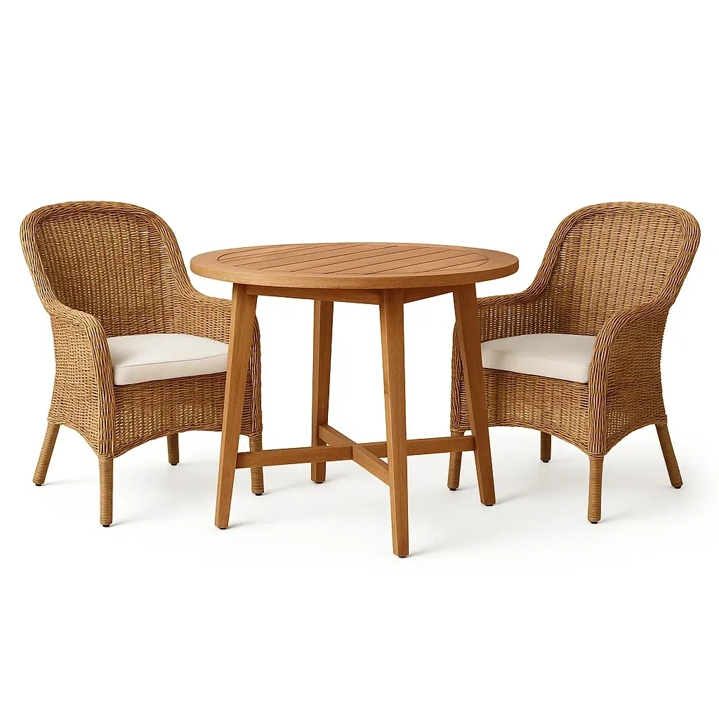 Ensemble table et chaises de terrasse avec table ronde en bois et fauteuils en rotin synthétique avec coussins blancs-Sofineto