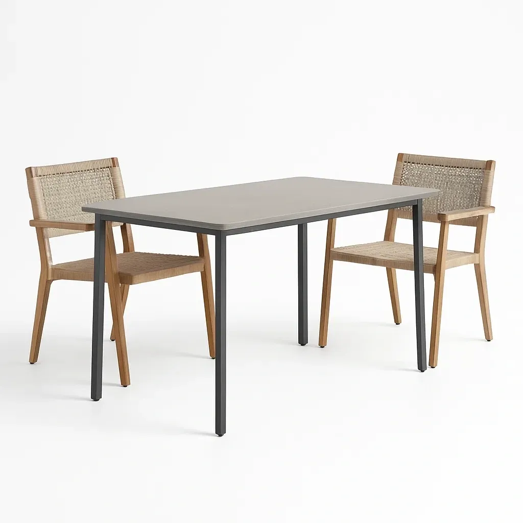 Ensemble table et chaises de terrasse rectangulaire en métal avec 2 chaises en bois et corde-Sofineto