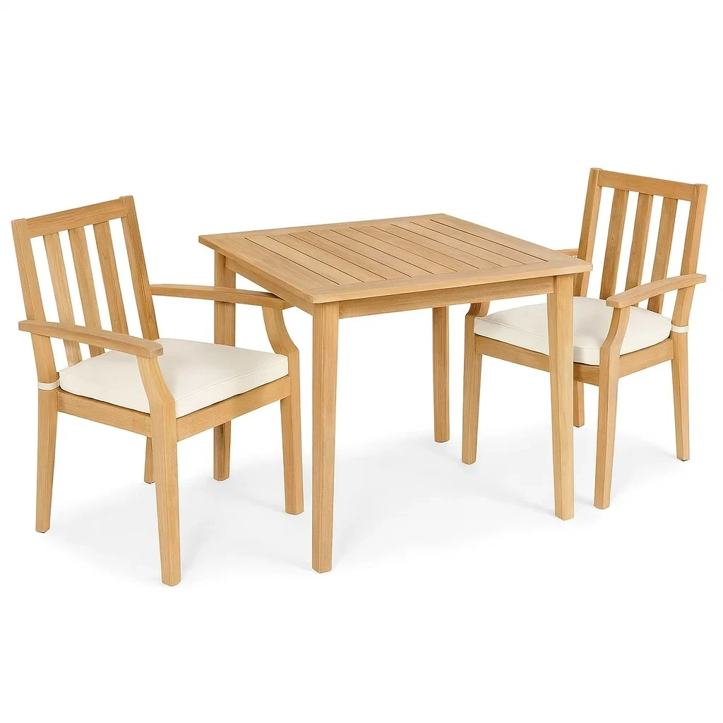 Ensemble table et chaises de terrasse en bois d’acacia avec coussins crème-Sofineto