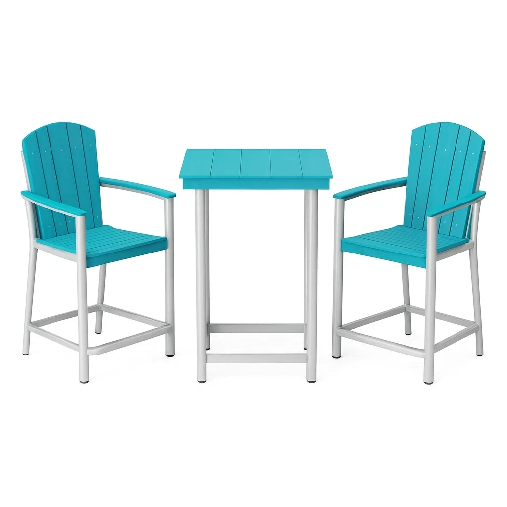 Ensemble table et chaises de terrasse avec table haute carrée et 2 chaises en polywood et aluminium turquoise-Sofineto