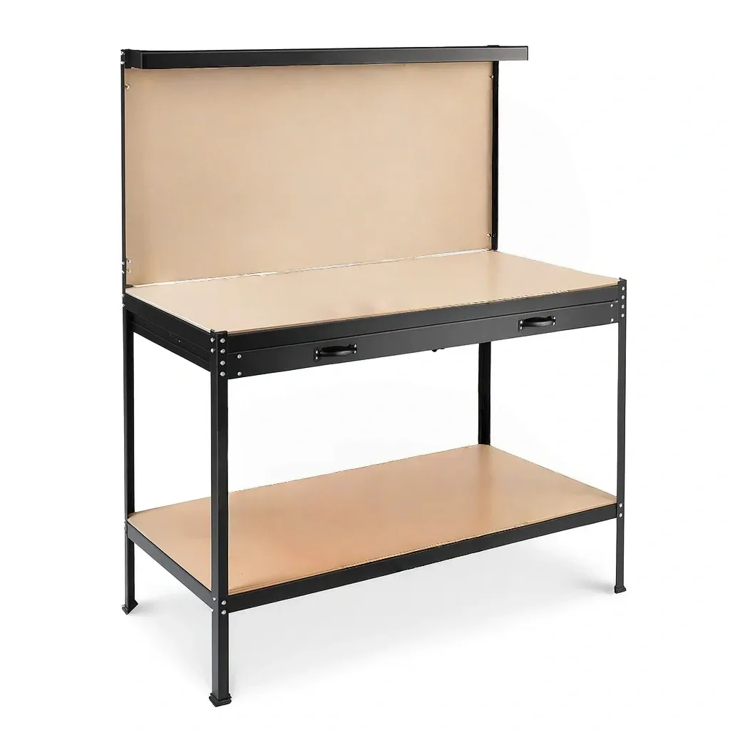 Établi en Métal Noir avec Plateau MDF et Étagère Inférieure-Sofineto