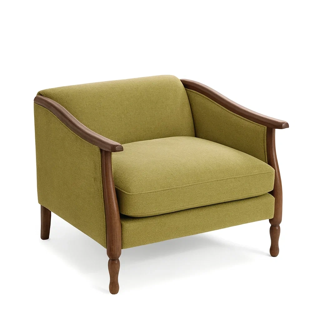 Fauteuil en tissu vert avec accoudoirs en bois massif-Sofineto