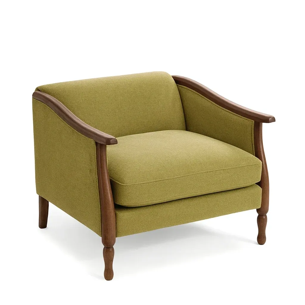Fauteuil en tissu vert avec accoudoirs en bois massif-Sofineto