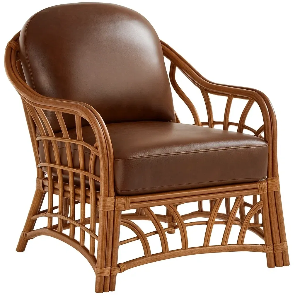 Fauteuil en rotin brun avec coussin en cuir synthétique-Sofineto