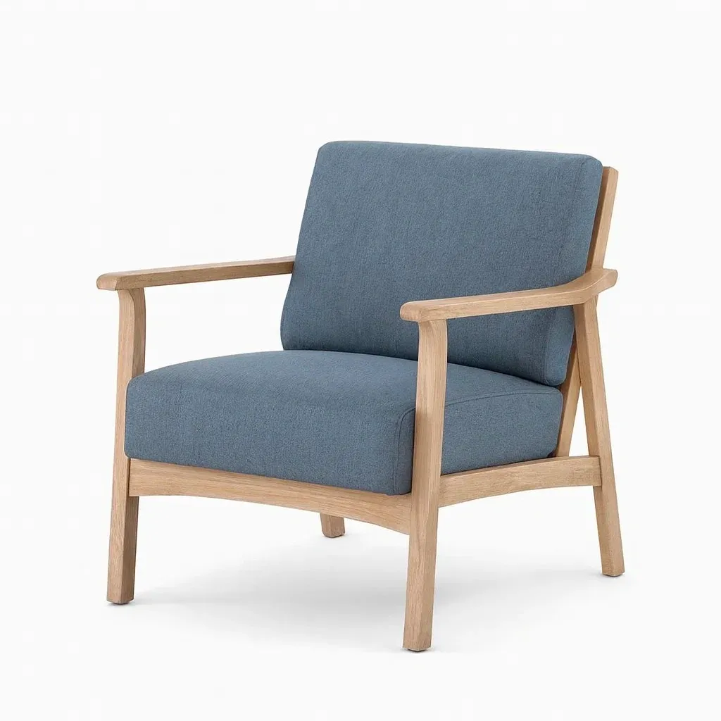 Fauteuil en tissu bleu avec structure en bois de chêne-Sofineto